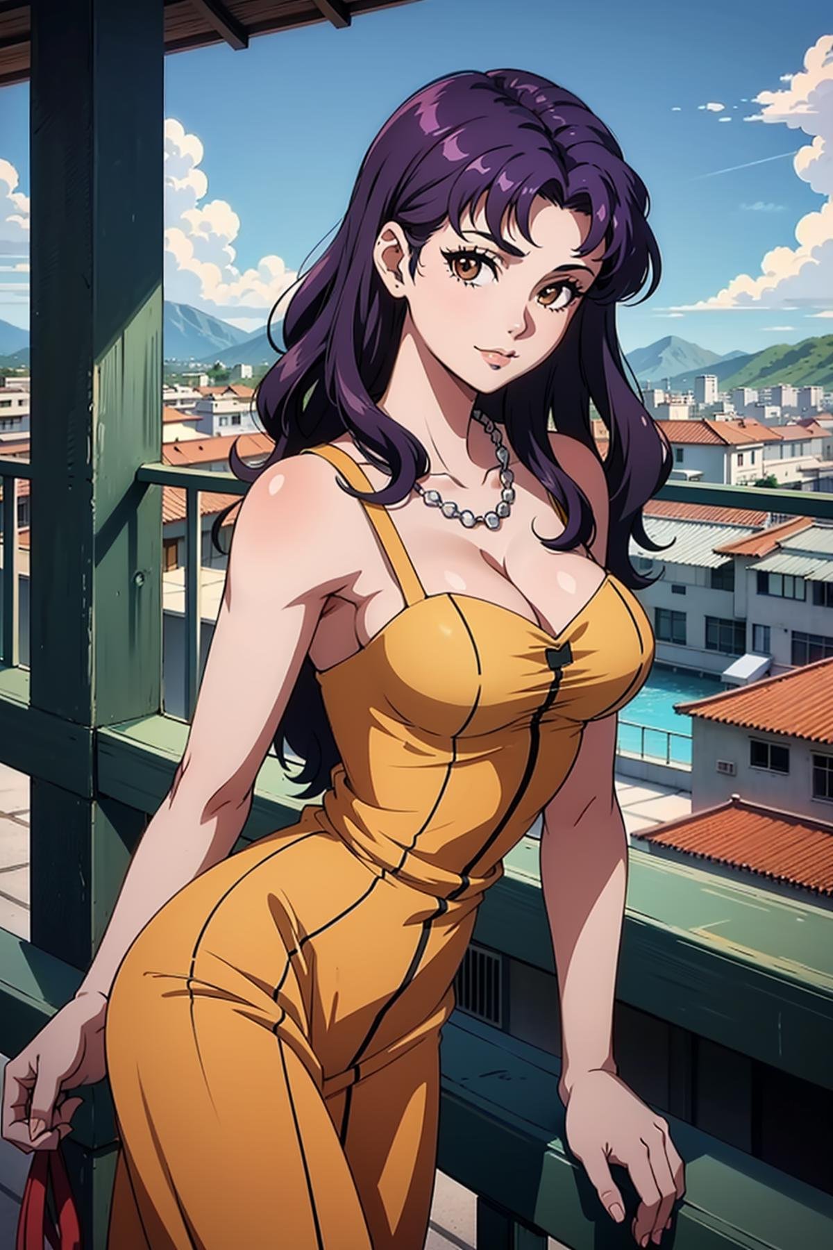 masterpiece, best quality, 1girl, solo, looking at viewer, <lora:EPngeKatsuragiMisato-08:0.75>, EPngeKatsuragiMisato , purple hair, brown eyes, long hair, :\3, detailed background, cowboy shot, outdoors, balcony, tropical, sun, sky, railing, cityscape, in a golden dress dress, pearl necklace,wearing edgGol <lora:edgGoldenAgev1:0.7> 