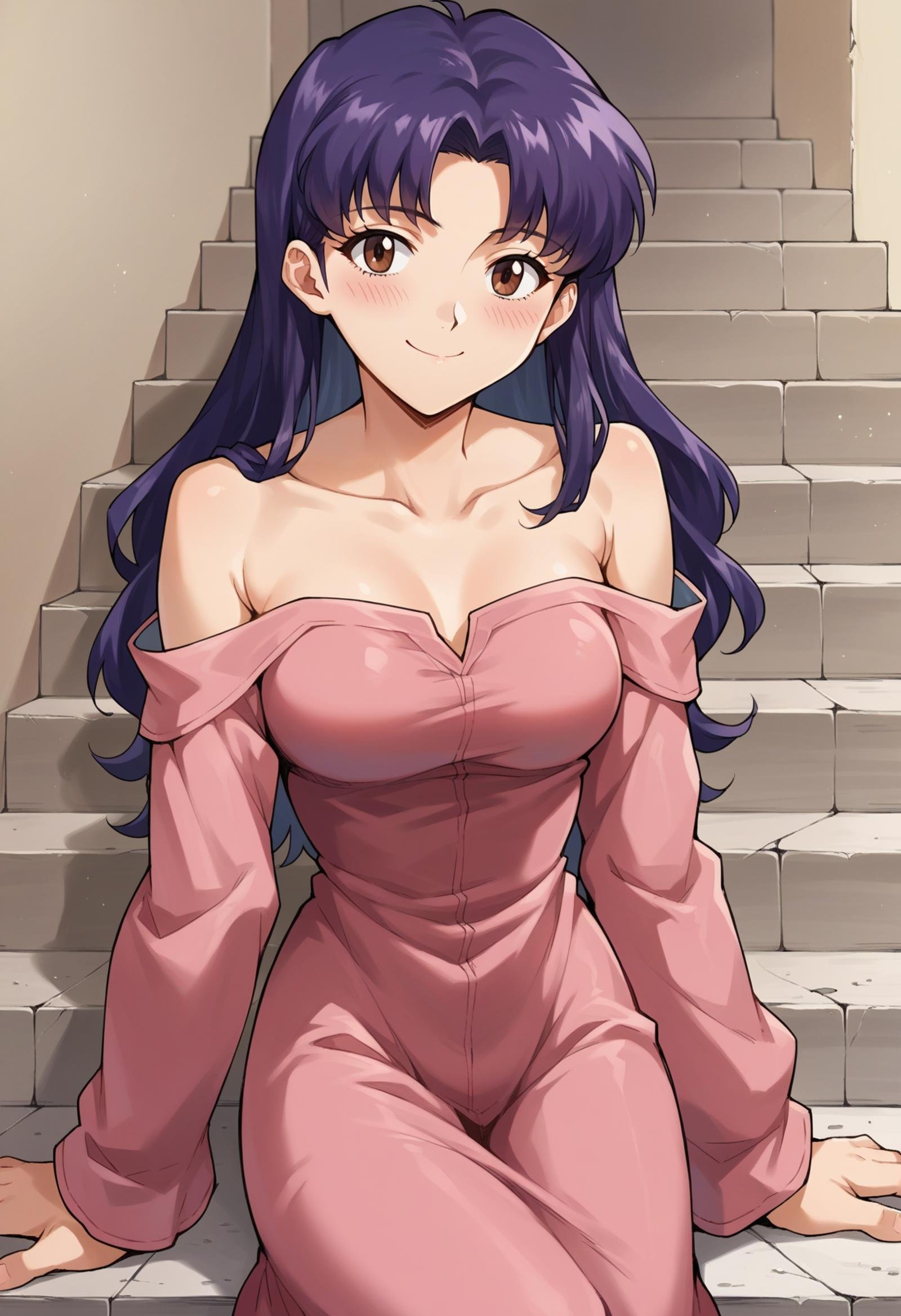 score_7, score_8_up, score_7_up, source_anime, 1girl, solo, looking at viewer,  EPngeKatsuragiMisato, purple hair, brown eyes, long hair, bare shoulders, collarbone, off-shoulder dress, long sleeves, long dress, pink dress, cowboy shot, smile, seductive smile, blush, stairs, sitting,<lora:EPngeKatsuragiMisatoPony-06:1.0>