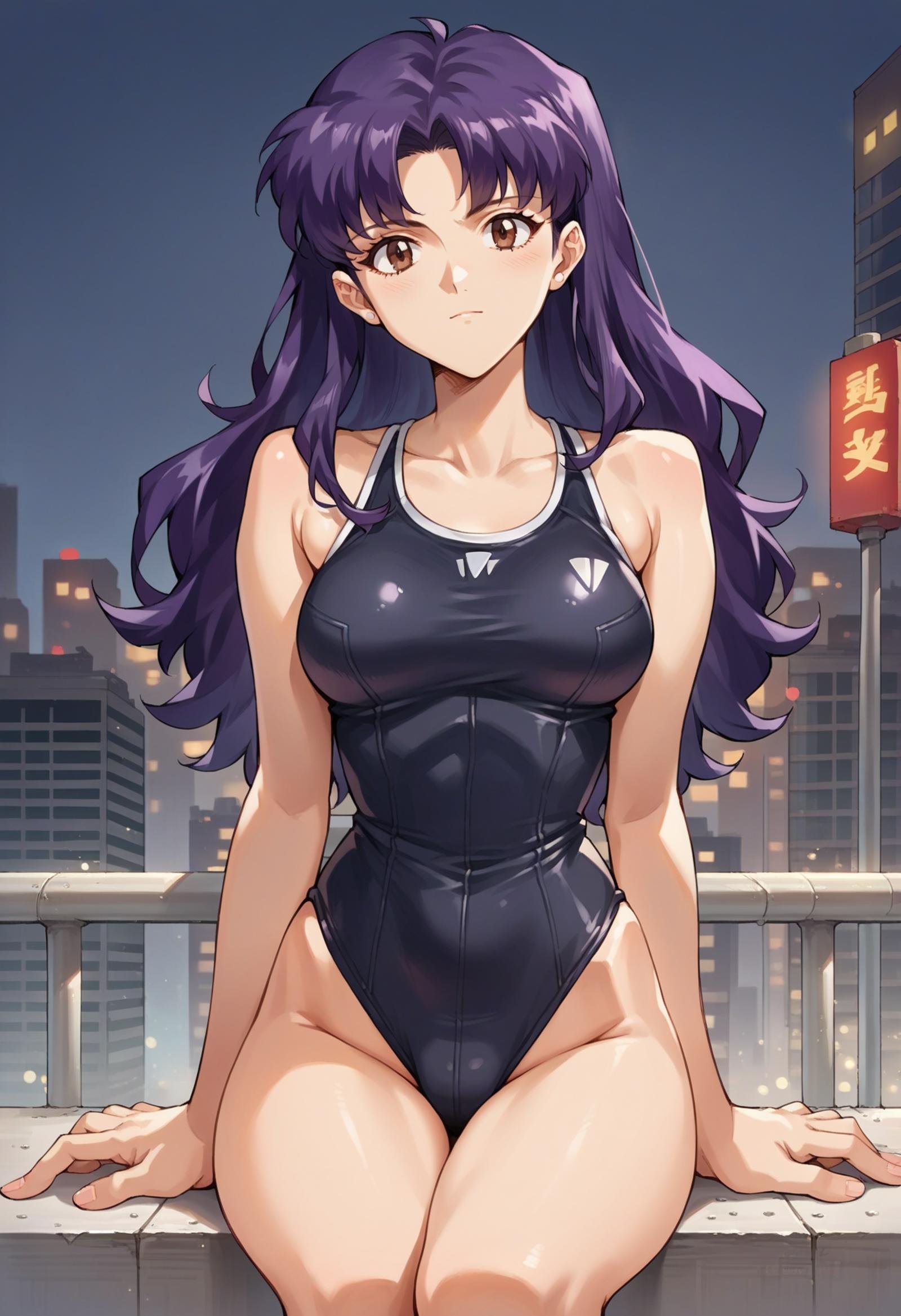 score_7, score_8_up, score_7_up, source_anime, 1girl, solo, looking at viewer, EPngeKatsuragiMisato, purple hair, brown eyes, long hair, one-piece swimsuit, <lora:EPngeKatsuragiMisatoPony-06:1.0>, :D, city, city lights