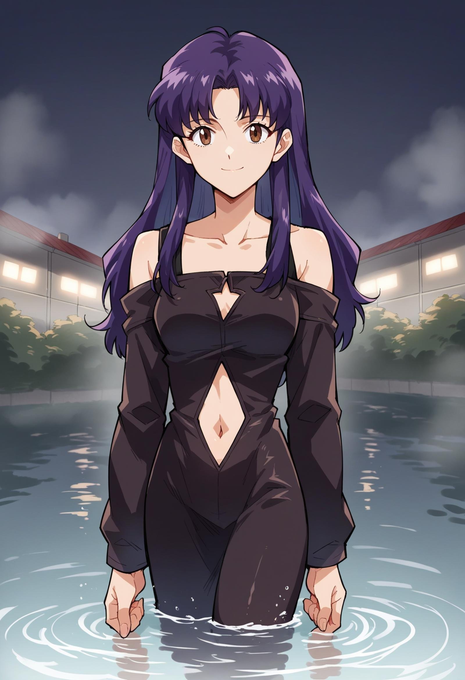 score_7, score_8_up, score_7_up, source_anime, 1girl, solo, looking at viewer, EPngeKatsuragiMisato, purple hair, brown eyes, long hair, , 1girl, black dress, off shoulder, navel cutout, collarbone ,dress, long sleeves, smile, standing, wading, in water, water, dark, night, darkness, fog, obscure, will-o'-the-wisp \(mythology\), <lora:EPngeKatsuragiMisatoPony-06:1.0>