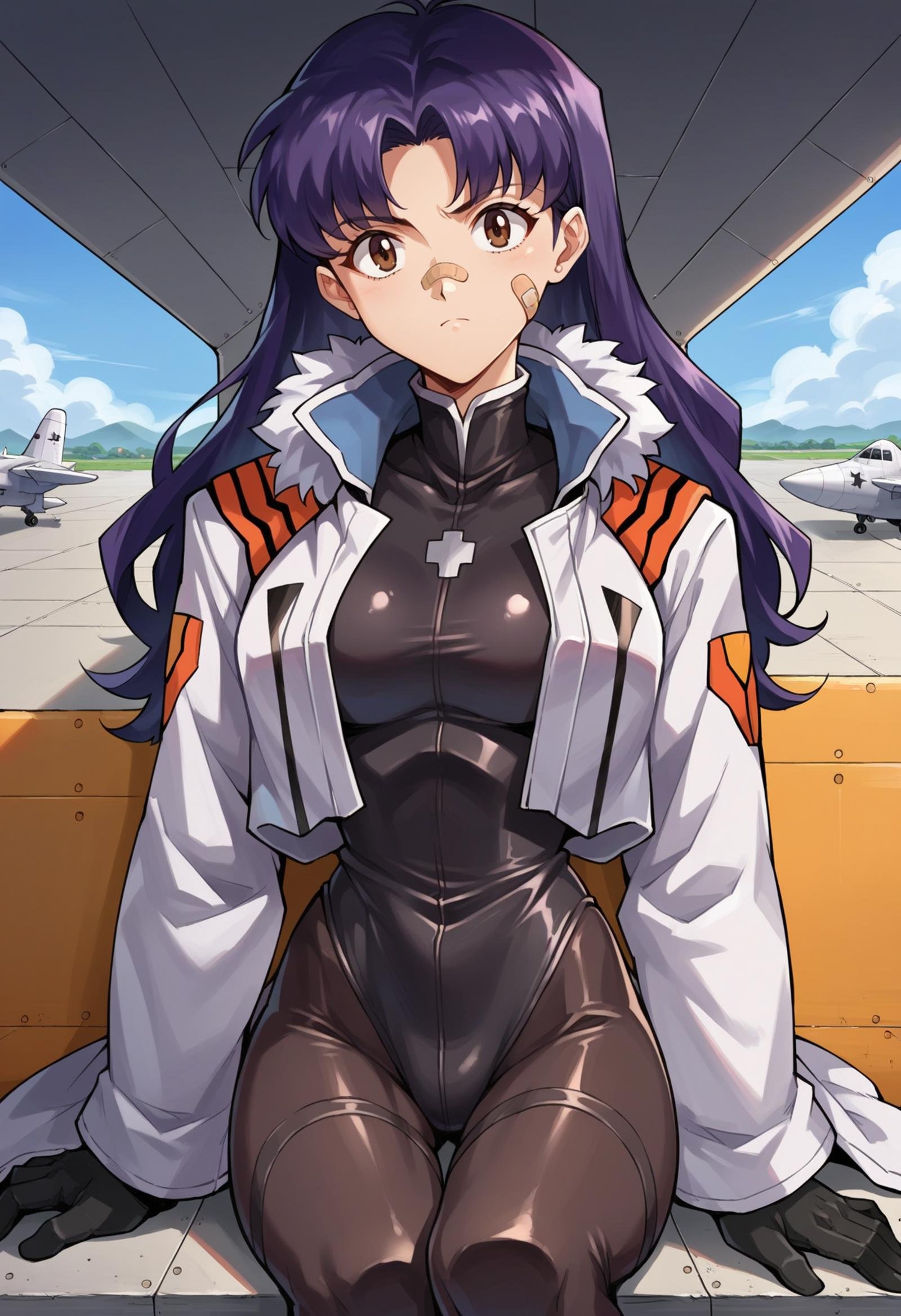 score_7, score_8_up, score_7_up, source_anime, 1girl, solo, looking at viewer, EPngeKatsuragiMisato, purple hair, brown eyes, long hair, aircraft, airplane, armored bodysuit, armored gloves, armored legwear, armored leotard, bandaid, bandaid on cheek, bandaid on face, black bodysuit, bodysuit, coat, fur-trimmed coat, fur collar, fur trim, two-tone gloves, white coat, <lora:EPngeKatsuragiMisatoPony-06:1.0>