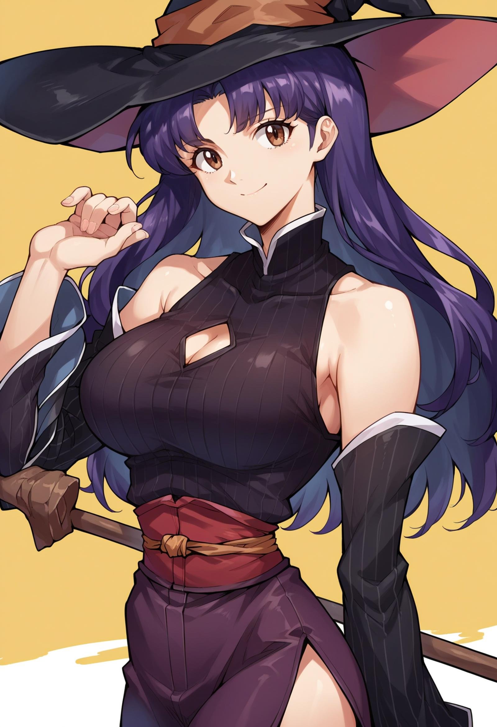 score_7, score_8_up, score_7_up, source_anime, 1girl, solo, looking at viewer, EPngeKatsuragiMisato, purple hair, brown eyes, long hair,arm behind back, bare shoulders, black hat, black shirt, black sleeves, breasts, brown sash, cleavage, closed mouth, collarbone, detached sleeves, hand up, hat, large breasts, purple skirt, sash, shirt, side slit, skirt, smile, split mouth, staff, striped clothes, striped shirt, striped sleeves, vertical-striped clothes, vertical-striped shirt, vertical-striped sleeves, very long hair, witch hat, <lora:EPngeKatsuragiMisatoPony-06:1.0>