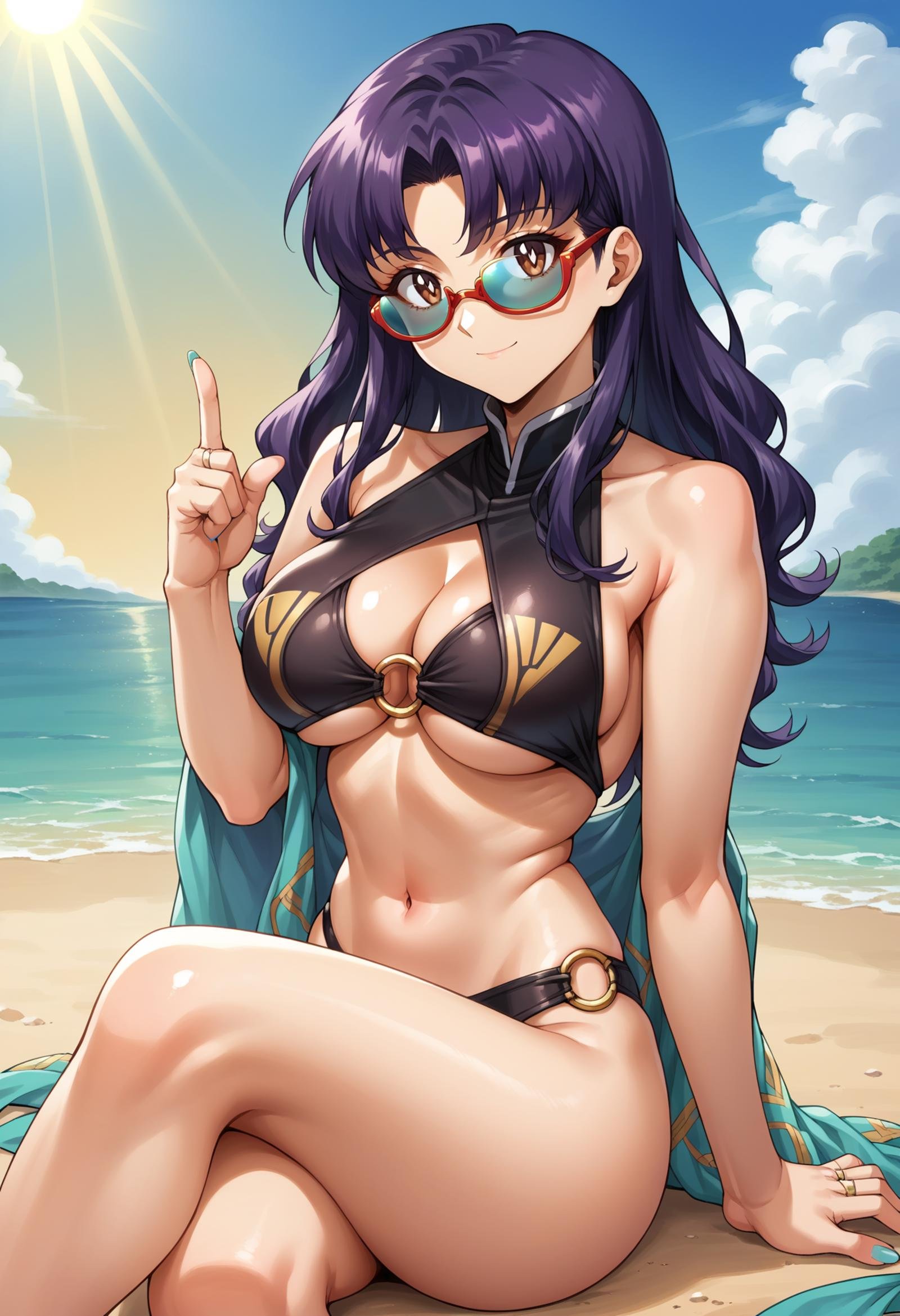 score 7, score 8 up, score 7 up, source anime, 1girl, solo, looking at viewer, EPngeKatsuragiMisato, purple hair, brown eyes, long hair,, aqua eyeshadow,  aqua nails, arm support, beach, bikini, black bikini, blue-tinted eyewear, blue shawl, blue sky, breasts, bright pupils, cleavage, closed mouth, cloud, cloudy sky, colored eyelashes, day, eyeshadow, feet out of frame, fingernails, flipped hair, glint, gold trim, hair between eyes, hair ornament, holding, holding removed eyewear, horizon, index finger raised, jewelry, knees up, large breasts, lens flare, light rays, long fingernails, long hair, looking at viewer, makeup, nail polish, navel, o-ring, o-ring bikini, o-ring bottom, ocean, on ground, outdoors, parted bangs, print shawl, red-tinted eyewear, ring, see-through, see-through shawl, shadow, shawl, sideboob, signature, single sidelock, sitting, sky, smile, solo, sunbeam, sunglasses, sunlight, swept bangs, swimsuit, tassel, thighs, tinted eyewear, underboob, unworn eyewear, water, wavy hair, wide hips, yellow-framed eyewear, yellow tassel,  <lora:EPngeKatsuragiMisatoPony-06:1> 