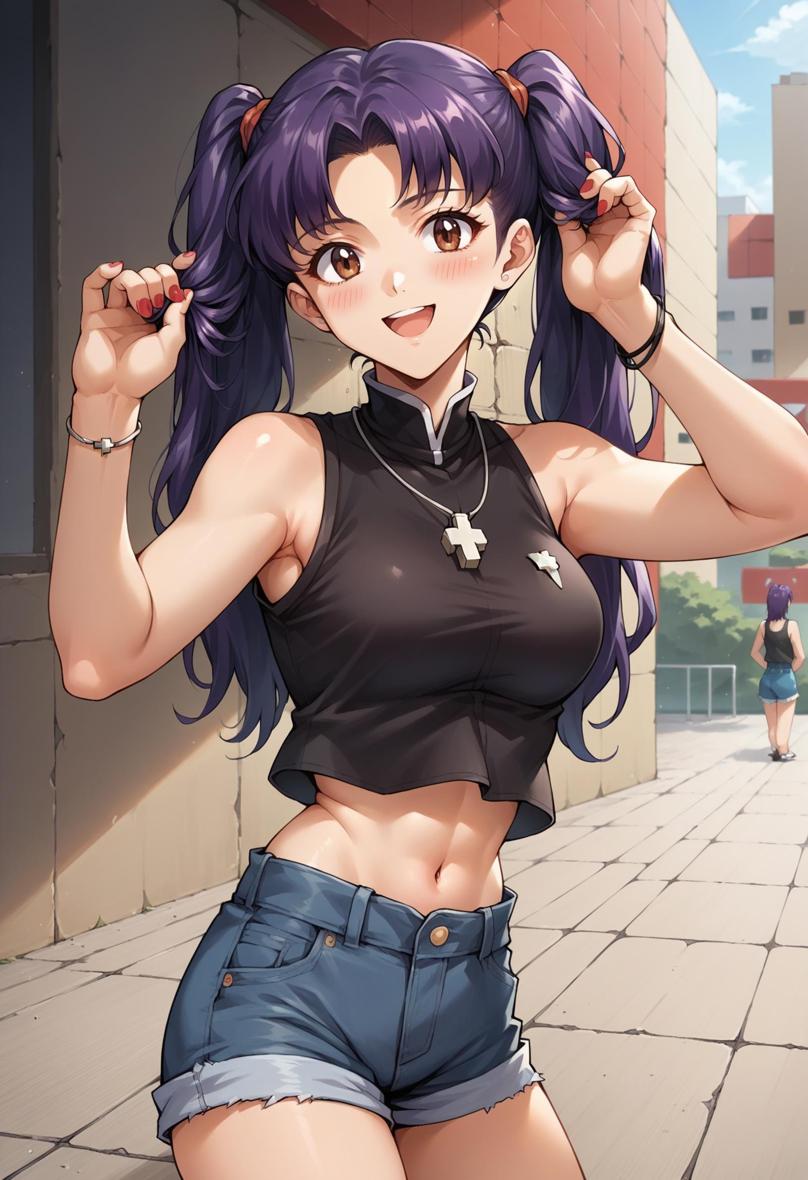 score_7, score_8_up, score_7_up, source_anime, 1girl, solo, looking at viewer, <lora:EPngeKatsuragiMisatoPony-06:1.0>, EPngeKatsuragiMisato, purple hair, brown eyes, long hair, blush, smile, open mouth, navel, holding, twintails, jewelry, medium breasts, :d, cowboy shot, shorts, midriff, necklace,  nail polish, bracelet, crop top, black shirt, short shorts, tank top, cross, denim, red nails, blue shorts, denim shorts, cross necklace, cutoffs, black tank top, standing, holding hair, outdoors, 