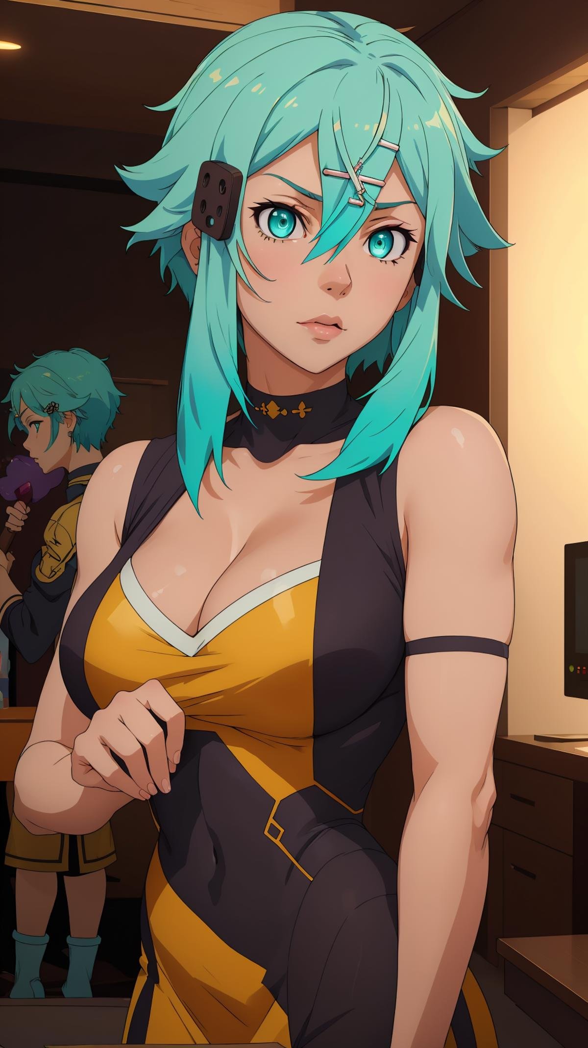 (ultra high res, ultra detailed, high resolution, highly detailed, 4k, 8k),(masterpiece), professional animation, 1girl, solo, living room, mirror, reflection,<lora:EPsoaSinon-14:0.7>, EPsoaSinon, short hair, aqua hair, detailed jewel-like eyes, hair between eyes, (hair ornament:1.2), hairclip, yellow bodysuit, cleavage, 