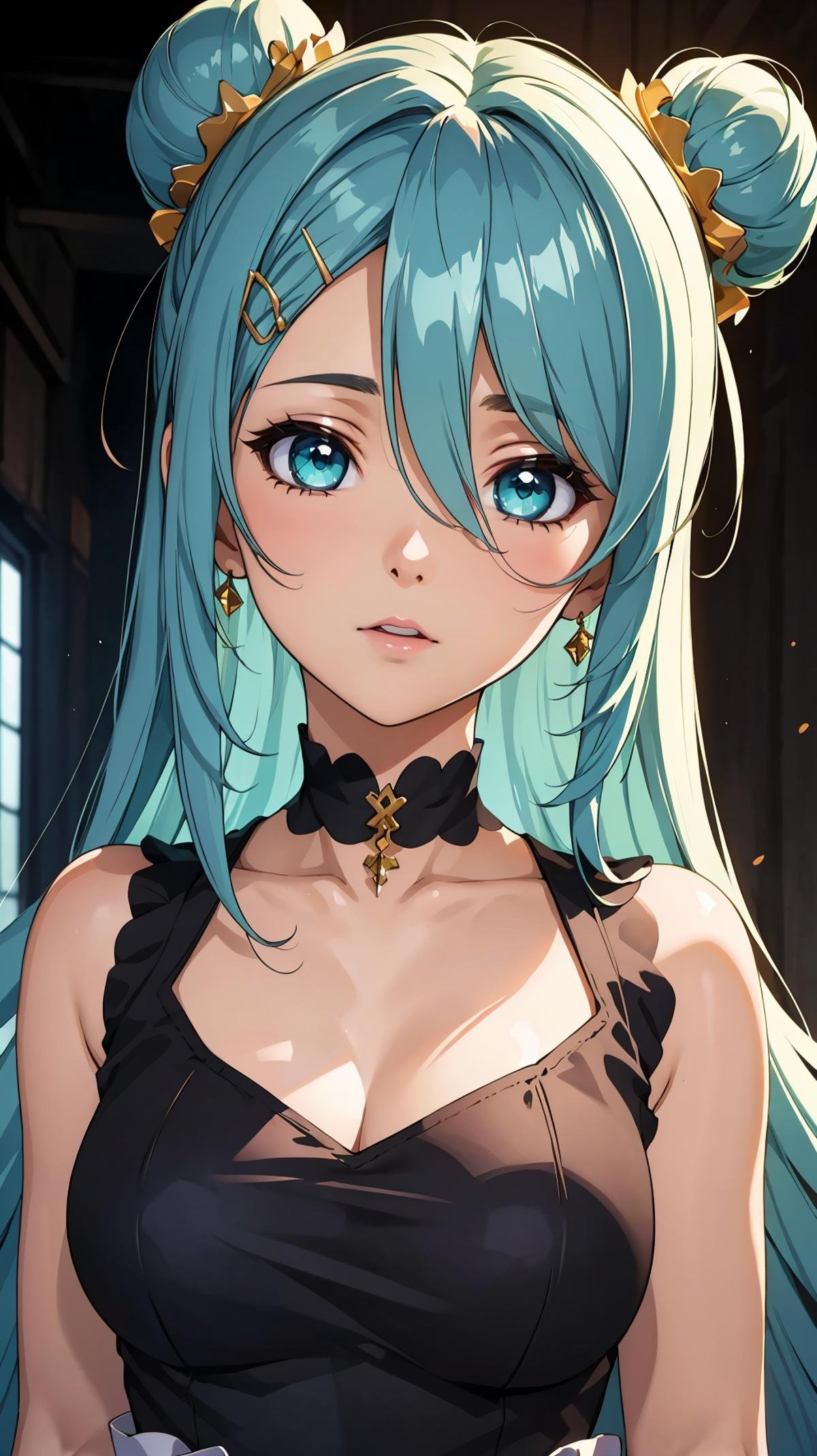 (ultra high res, ultra detailed, high resolution, highly detailed, 4k, 8k),(masterpiece), professional animation, 1girl, solo,<lora:EPsoaSinon-14:0.7>, EPsoaSinon, hair over one eye, very long hair, double bun, aqua hair, detailed jewel-like eyes, hair between eyes, (hair ornament:1.2), hairclip, sleeveless dress, <lora:seeThroughSilhouette_v10:0.9:TT>((see-through:0.6)_silhouette:1.2), collarbone[::1]