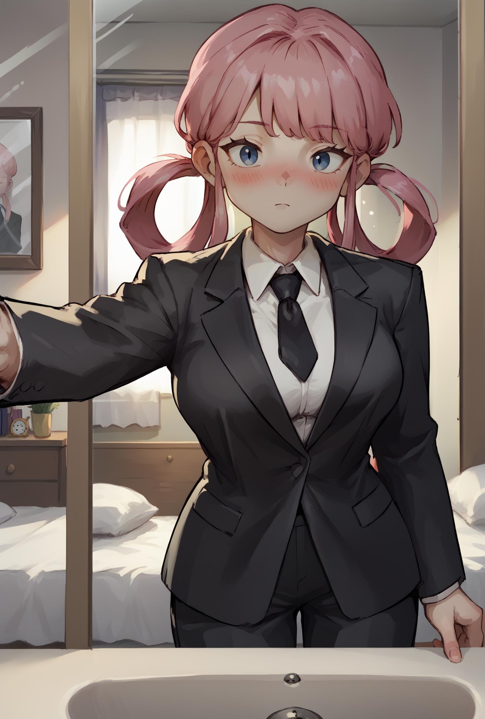 business suit, black pants, white collared shirt, black suit, black jacket, black necktie, selfie, taking picture, mirror selfie, bedroom, bed, mirror, score_9, score_8_up,score_7_up, source_anime, 1girl, solo, <lora:EPpkNurseJoyPony_epoch_15:1>, eppknursejoy, pink hair,  blue eyes, long hair, blush, large breasts, hair rings, bumper bangs,