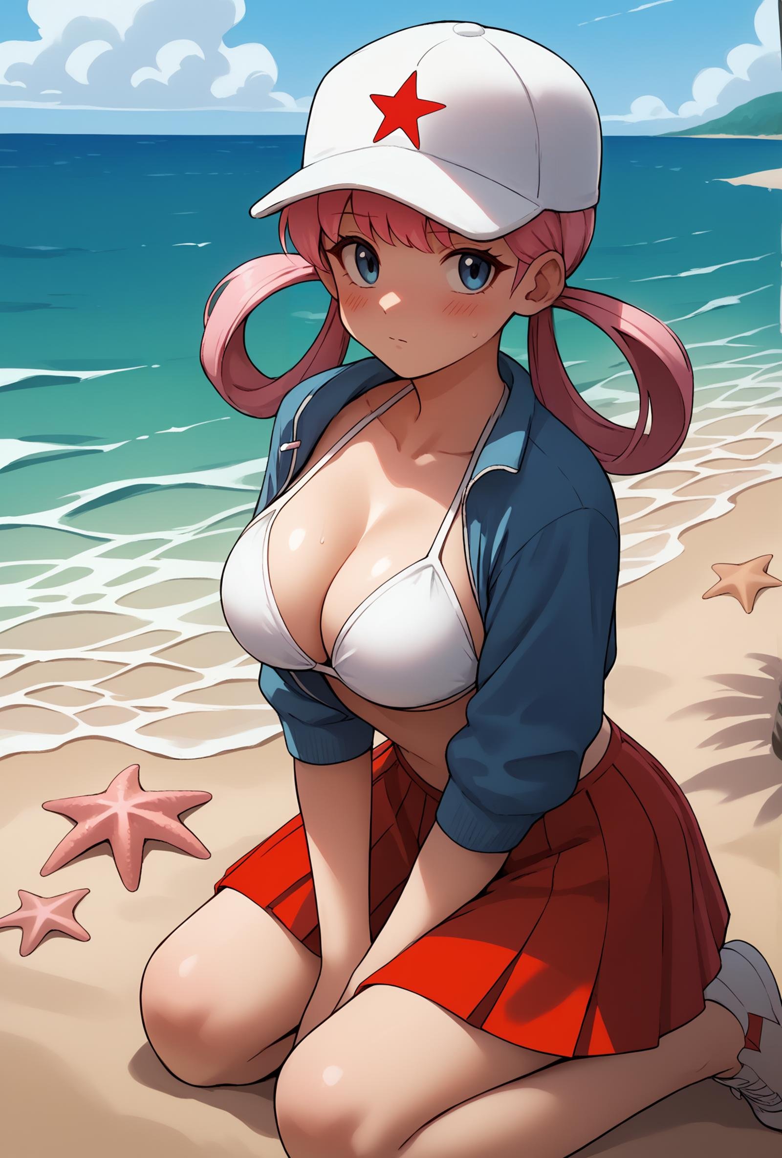 white bikini, bikini top, blue jacket, red skirt, baseball cap, kneeling, beach, ocean, starfish, looking at viewer, score_9, score_8_up,score_7_up, source_anime, 1girl, solo, <lora:EPpkNurseJoyPony_epoch_15:1>, eppknursejoy, pink hair,  blue eyes, long hair, blush, large breasts, hair rings, bumper bangs,