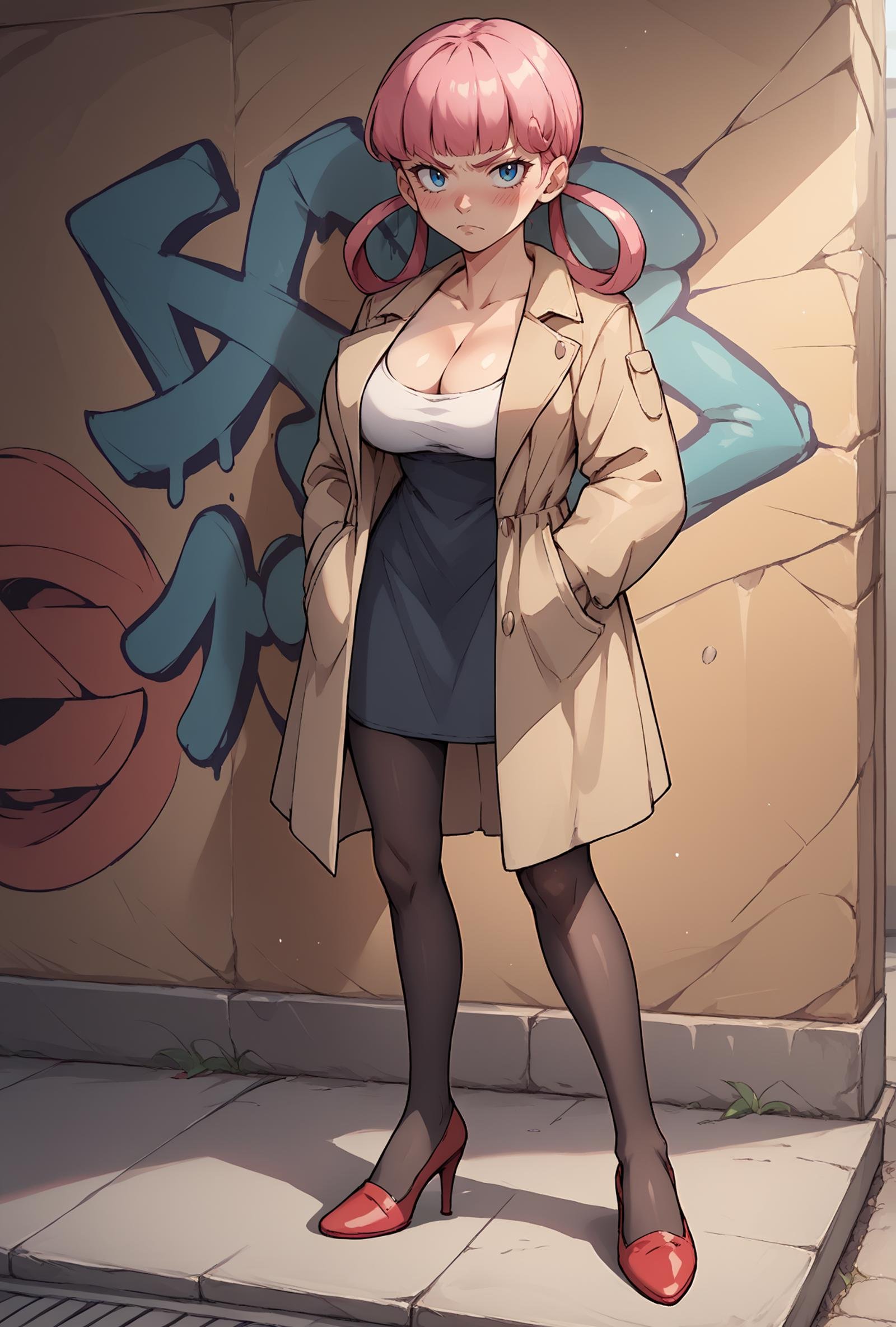 PONYXL_GraffitiWall_ownwaifu, looking at viewer, standing, graffiti, against wall, hands in pockets, serious, drop shadow, <lora:PONYXL_GraffitiWall_ownwaifu:0.75> , depth of field , coat, trenchcoat, black pantyhose, high heels, red footwear, cleavage score_9, score_8_up,score_7_up, source_anime, 1girl, solo, <lora:EPpkNurseJoyPony_epoch_15:1>, eppknursejoy, pink hair,  blue eyes, long hair, blush, large breasts, hair rings, bumper bangs,