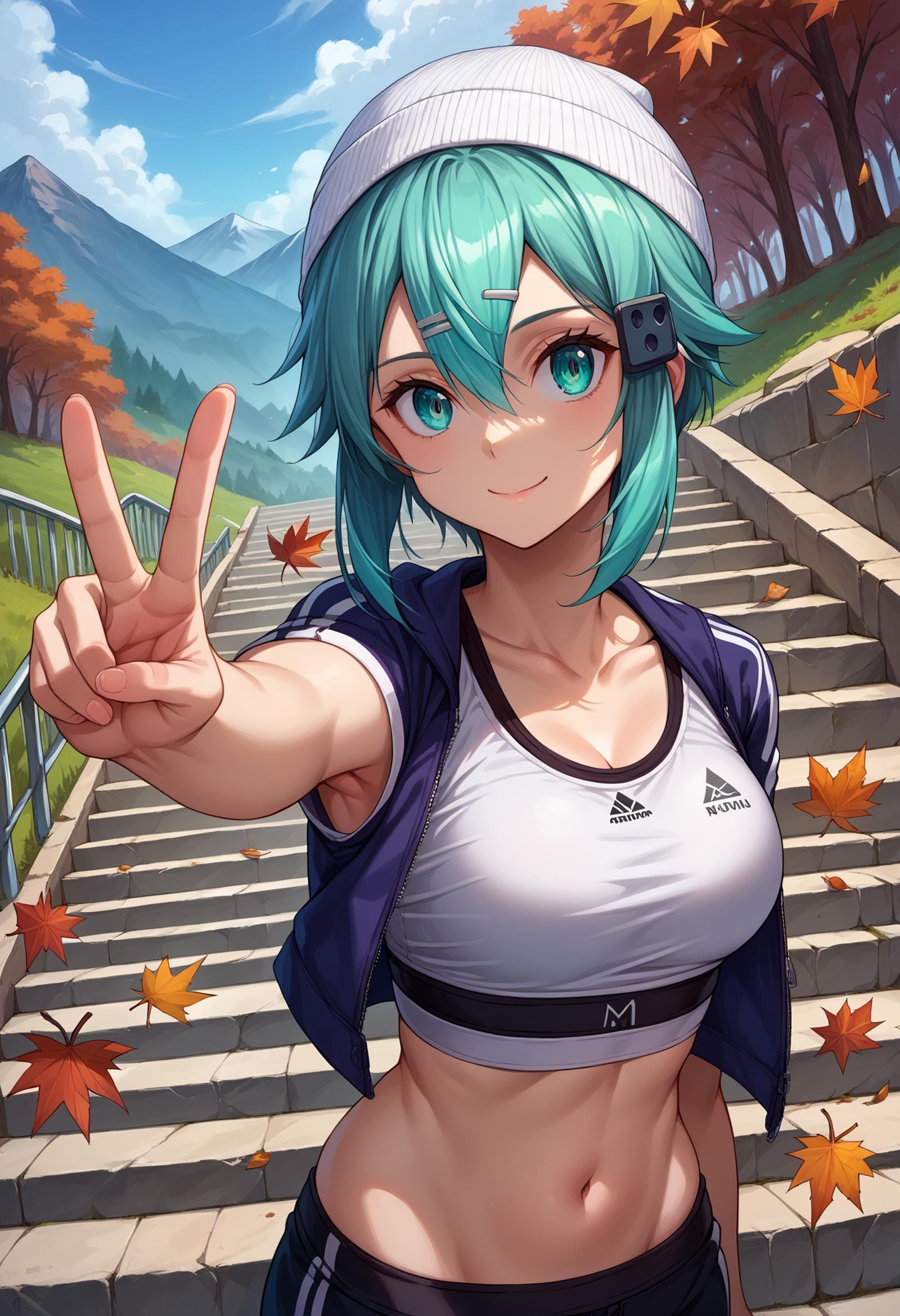 score_9, score_8_up,score_7_up, source_anime, 1girl, <lora:EPsoaSinonPony_epoch_4:1.0>, EPsoaSinon, short hair, aqua hair, detailed jewel-like eyes, hair between eyes, beanie, sportswear, sports bra, jacket, outdoors, stairs, stone stairs, pine tree, autumn leaves, nature, selfie, reaching towards viewer, outstretched arm, v, hand up, mountainous horizon, foreshortening, scenery, upper body, smile, closed mouth