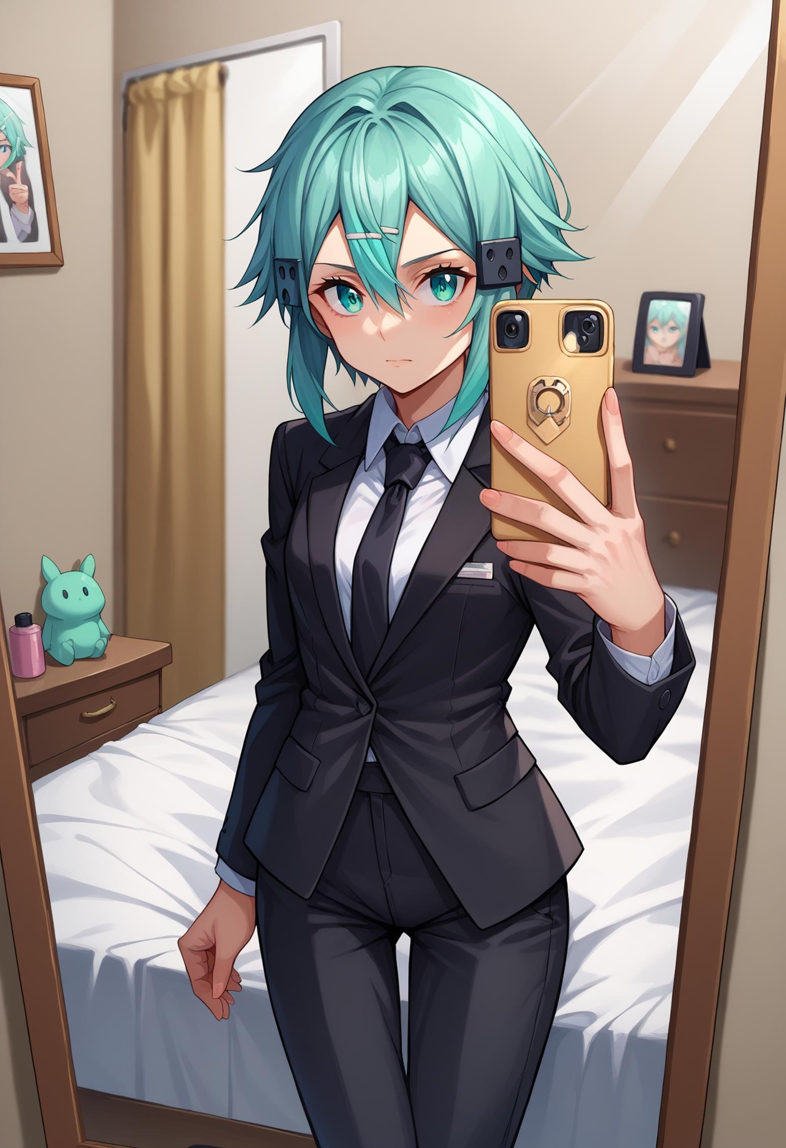 score_9, score_8_up,score_7_up, source_anime, 1girl, <lora:EPsoaSinonPony_epoch_4:1.0>, EPsoaSinon, short hair, aqua hair, aqua eyes, hair between eyes, hair ornament, hairclip, sidelocks, small breasts, business suit, black pants, white collared shirt, black suit, black jacket, black necktie, selfie, taking picture, mirror selfie, bedroom, bed, mirror, 