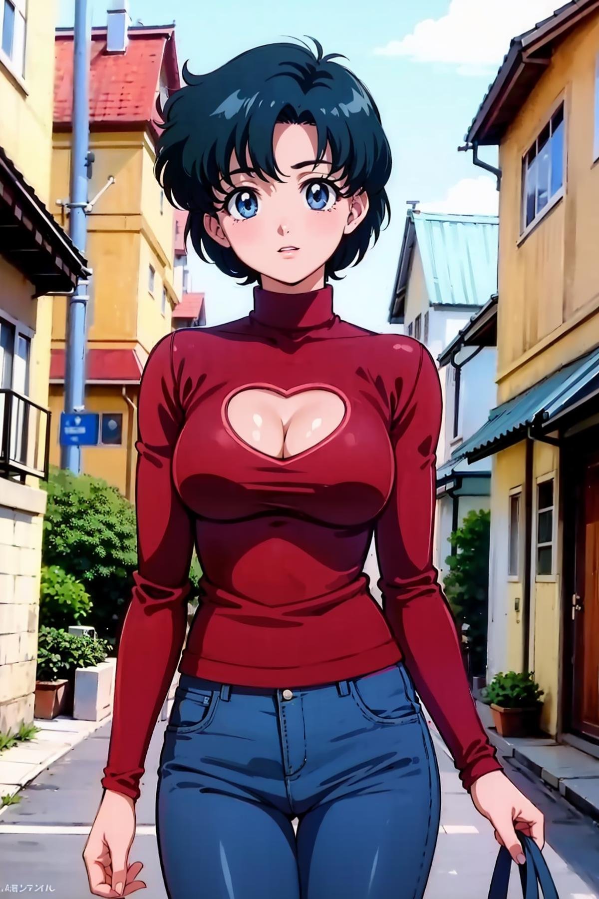 masterpiece, best quality, 1girl, solo, looking at viewer, anime screencap,1990s \(style\),  (art by Naoko Takeuchi), street, house, cowboy shot,  <lora:EPsmSailorMercury-07:0.7>, EPsmSailorMercury, short hair, blue hair, blue eyes, small breastsBREAKred sweater, turtleneck, cleavage cutout, cleavage, sweater tucked in, jeans