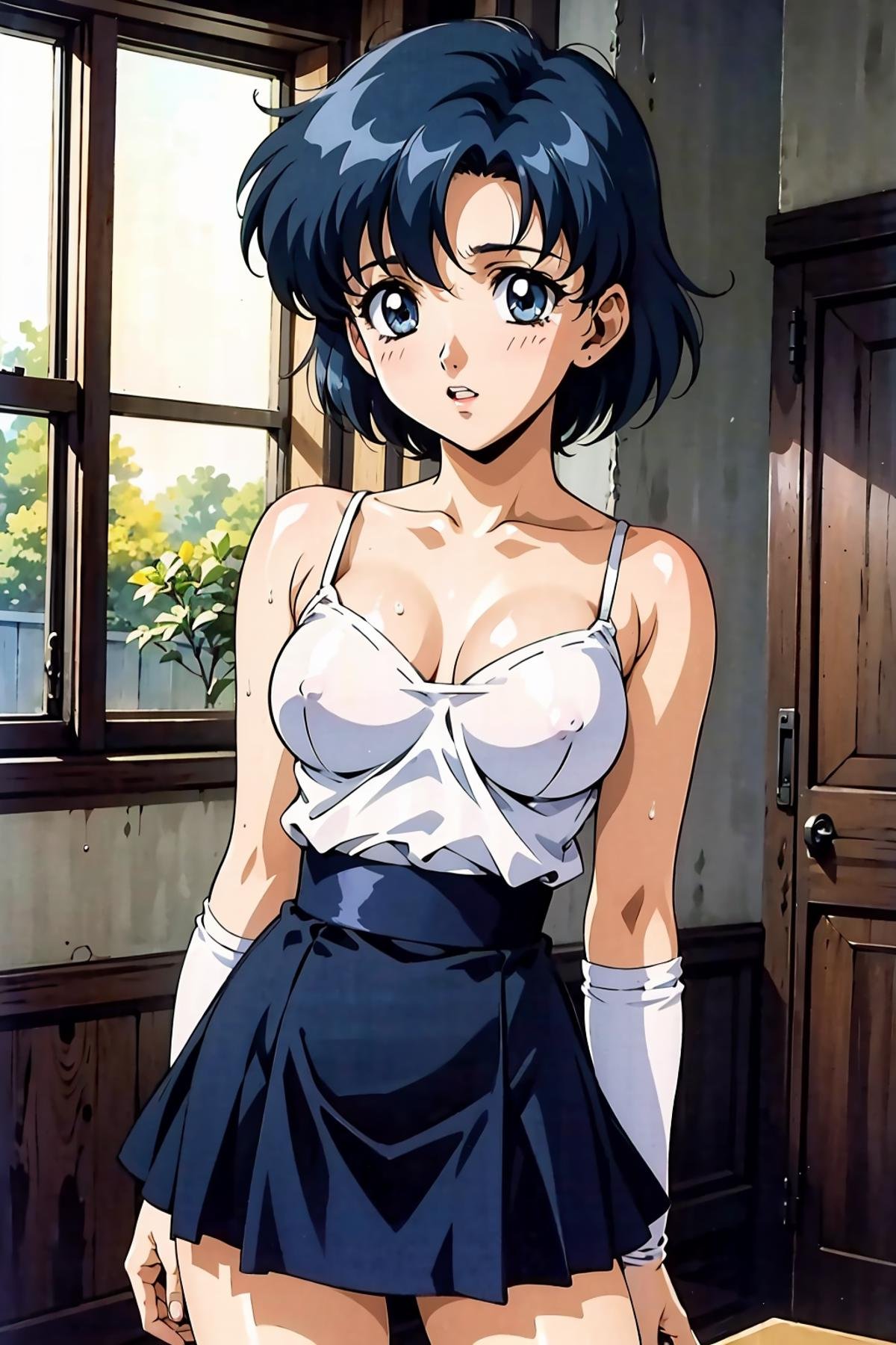 (masterpiece), 1girl, solo, perfect sexy female body,  anime screencap,1990s \(style\), (art by Naoko Takeuchi), short hair, blue hair, wet hair, blue eyes, <lora:EPsmSailorMercury-07:0.7>, EPsmSailorMercury, perfect lipsBREAKpatterns, spaceship, day, arm at side, poncho, plaid_skirt, relaxed