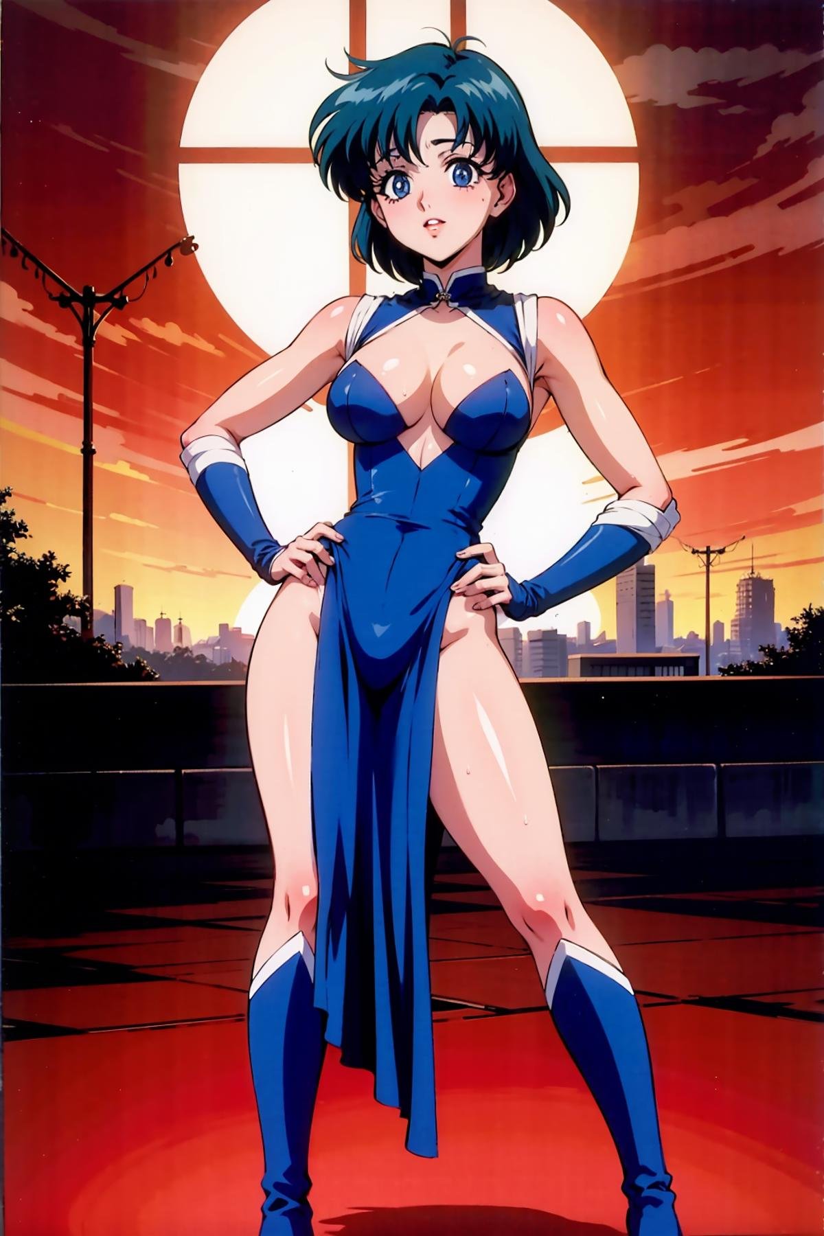 (masterpiece), 1girl, solo, perfect sexy female body,  anime screencap,1990s \(style\), (art by Naoko Takeuchi), short hair, blue hair, wet hair, blue eyes, <lora:EPsmSailorMercury-07:0.7>, EPsmSailorMercury, perfect lipsBREAKrelationship graph, treetops city, dusk, pray hand on hip, moulin rouge costume, bandages, short boots, happy