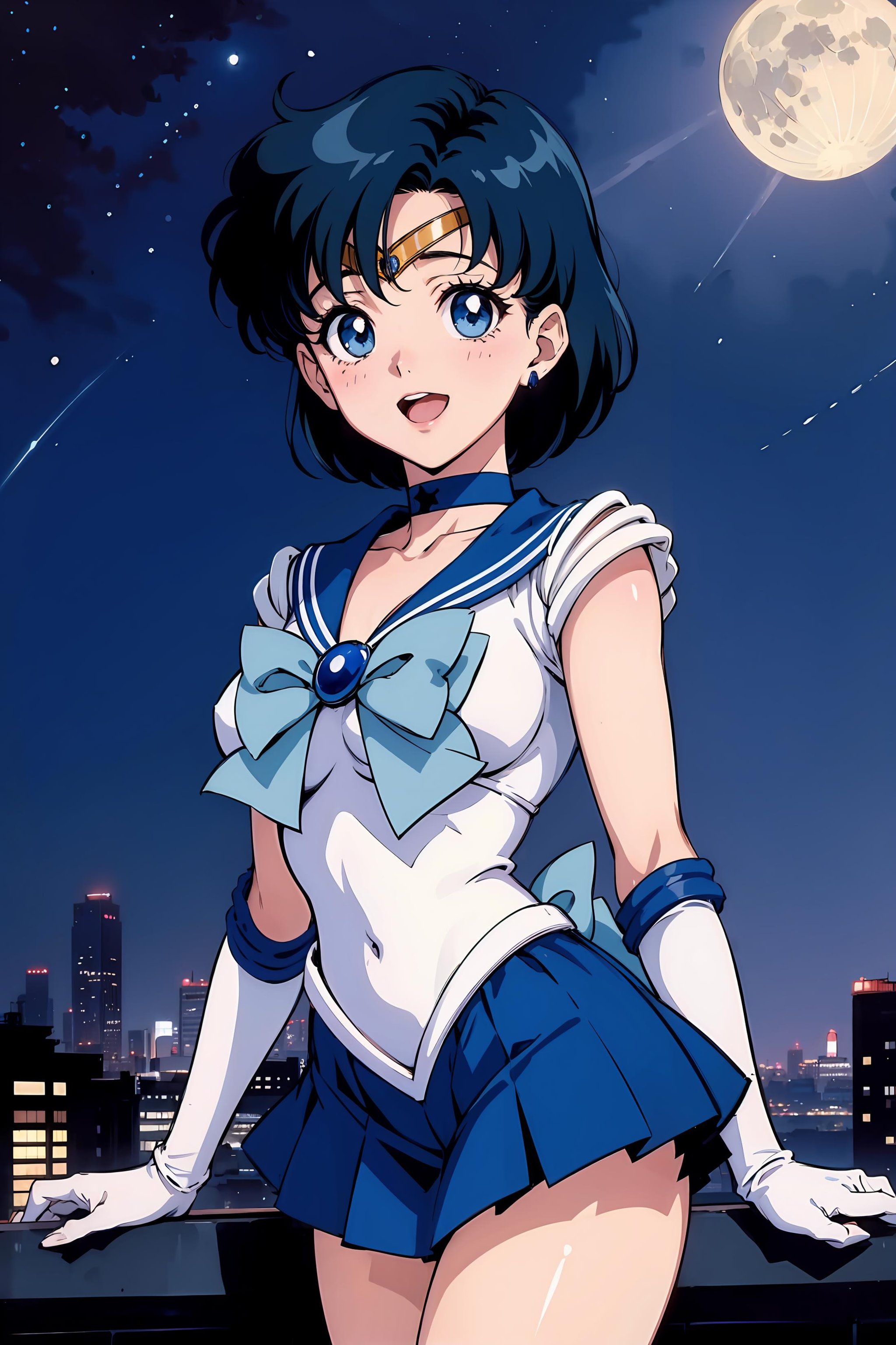 (masterpiece), 1girl, solo, perfect sexy female body,  anime screencap,1990s \(style\), (art by Naoko Takeuchi), rooftop, skyline, night, fog, starry sky, full moon, bishoujo senshi sailor moon, <lora:EPsmSailorMercury-07:1>, EPsmSailorMercury, short hair, blue hair, blue eyes, skirt, white gloves, cowboy shot, tiara, choker, solo, pleated skirt, blue skirt, smile, gloves, circlet, blue choker, open mouth, elbow gloves, sailor collar, back bow, sailor senshi uniform, jewelry, bow, blue bow, magical girl, blue sailor collar