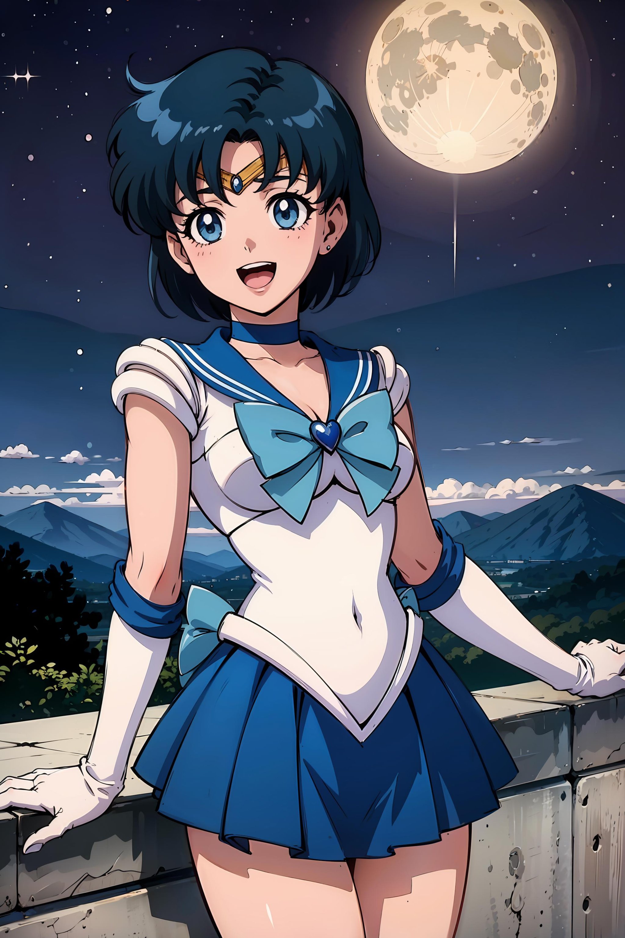 (masterpiece), 1girl, solo, perfect sexy female body,  anime screencap,1990s \(style\), (art by Naoko Takeuchi), rooftop, skyline, night, fog, starry sky, full moon, bishoujo senshi sailor moon, <lora:EPsmSailorMercury-07:1>, EPsmSailorMercury, short hair, blue hair, blue eyes, skirt, white gloves, cowboy shot, tiara, choker, solo, pleated skirt, blue skirt, smile, gloves, circlet, blue choker, open mouth, elbow gloves, sailor collar, back bow, sailor senshi uniform, jewelry, bow, blue bow, magical girl, blue sailor collar