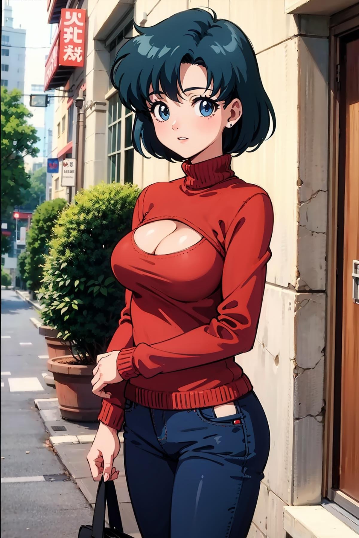 masterpiece, best quality, 1girl, solo, looking at viewer, anime screencap,1990s \(style\), street, house, cowboy shot,  <lora:EPsmSailorMercury-07:0.7>, EPsmSailorMercury, short hair, blue hair, blue eyes,BREAKred sweater, turtleneck, cleavage cutout, cleavage, sweater tucked in, jeans