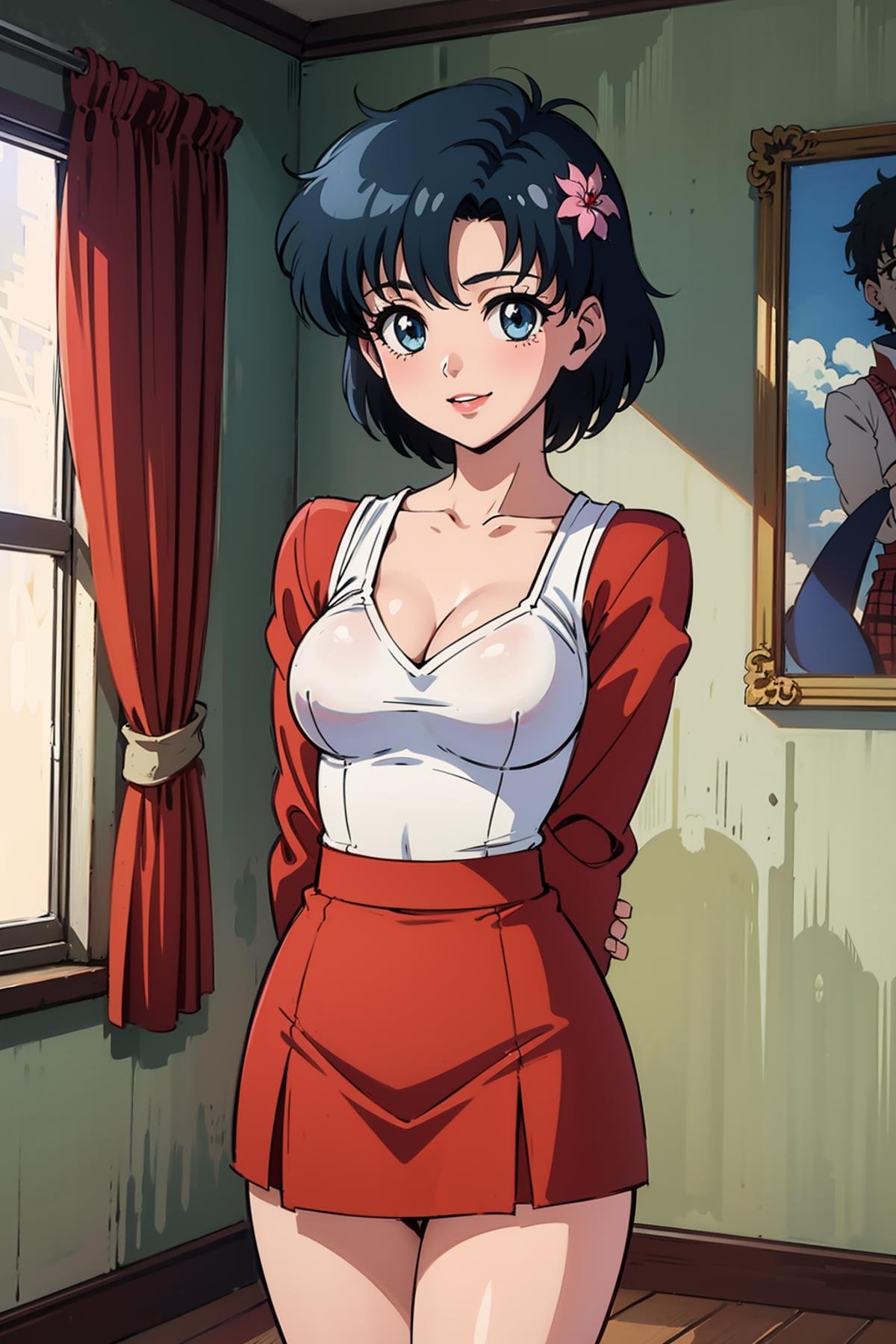 (masterpiece), 1girl, solo, perfect sexy female body,  anime screencap,1990s \(style\), (art by Naoko Takeuchi), short hair, blue hair, wet hair, blue eyes, <lora:EPsmSailorMercury-07:0.7>, EPsmSailorMercury, perfect lipsBREAKpanorama, bedroom, dusk, arms behind back, jacket, plaid_skirt, hair flower, seductive smile