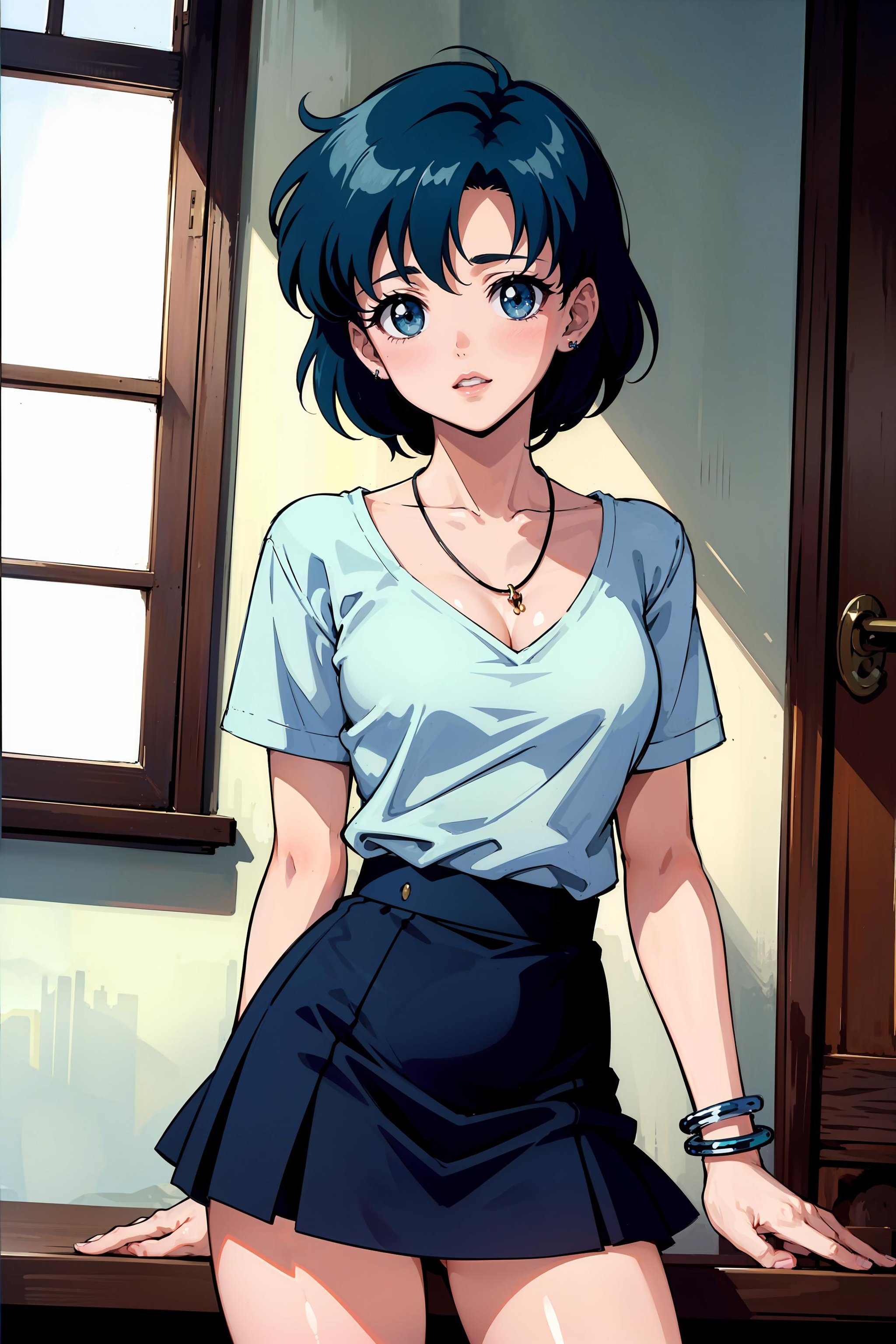 (masterpiece), 1girl, solo, perfect sexy female body, anime screencap,1990s \(style\), (art by Naoko Takeuchi), short hair, blue hair, wet hair, blue eyes, <lora:EPsmSailorMercury-07:0.7>, EPsmSailorMercury, perfect lipsBREAKcowboy shot, school, dusk, arms behind back, see-through shirt, skirt, jewelry, necklace, bracelet, ring, sparkling eyes