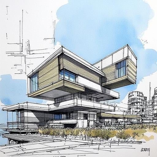 archsketch,sketch, a painting of Spectacular overlook of a modern building in urbun, modern_design, modern_building, modern_architecture, details, depth of field, long shot, perfect light and shadow,