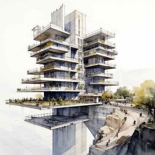 archwatercolor, a painting of Spectacular overlook of a modern building in urbun, modern_design, modern_building, modern_architecture, details, depth of field, long shot, perfect light and shadow,