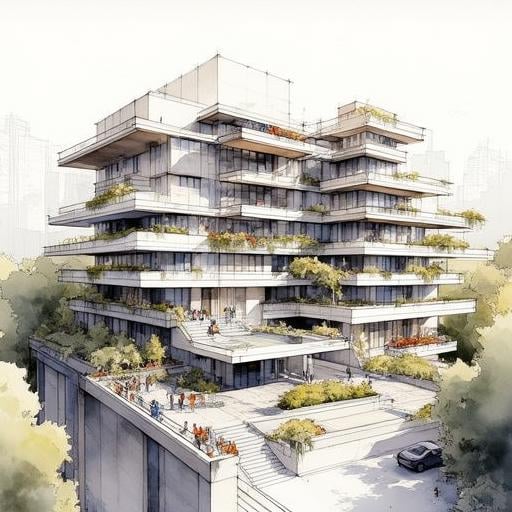 archwatercolor, a painting of Spectacular overlook of a modern building in urbun, modern_design, modern_building, modern_architecture, details, depth of field, long shot, perfect light and shadow,