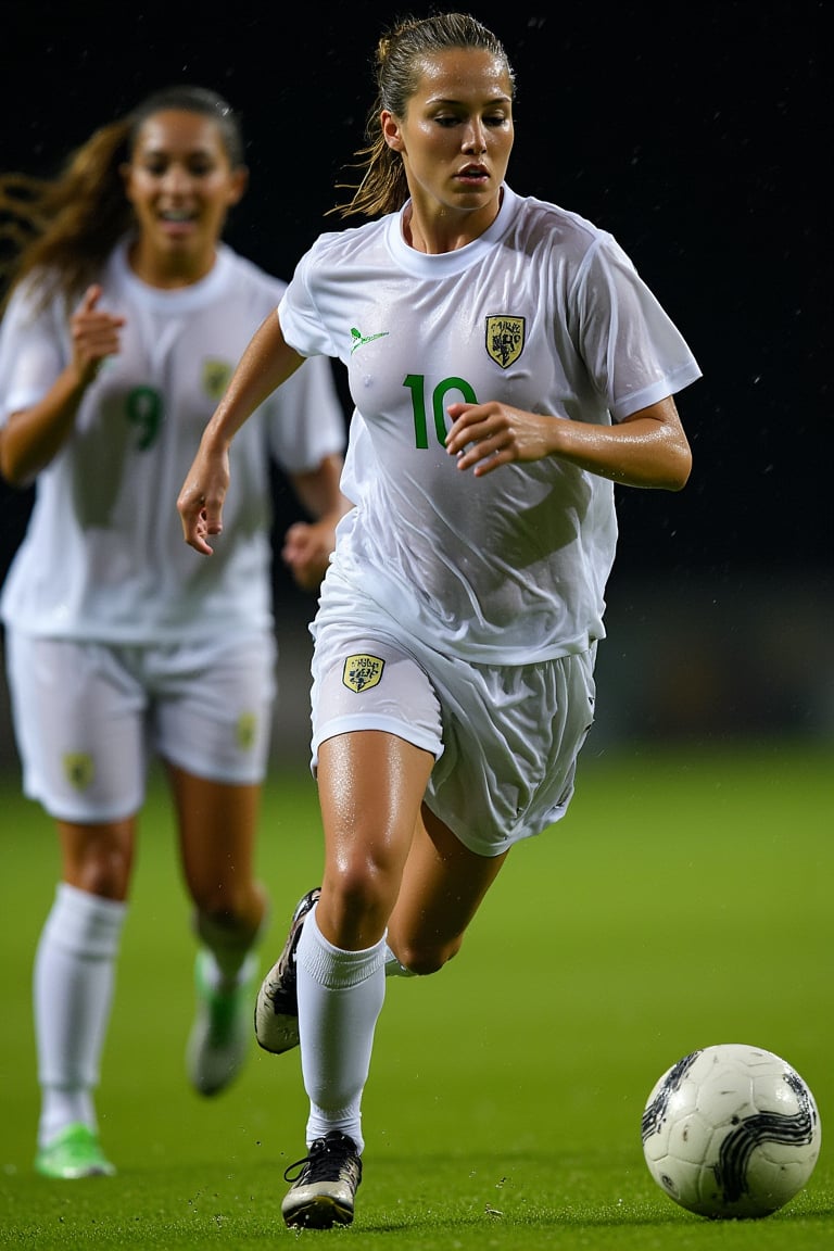 photo of female soccer players, action shot, at night in the rain, wet clothes, white uniform