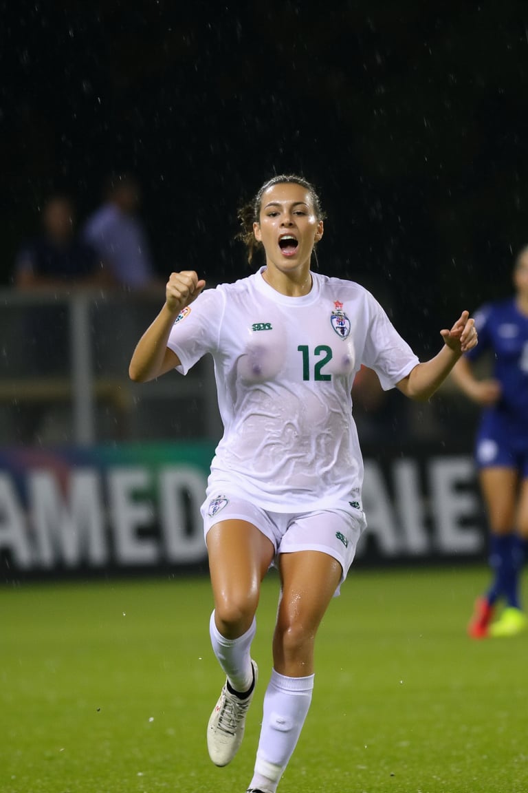 photo of female soccer players, action shot, at night in the rain, wet clothes, white uniform