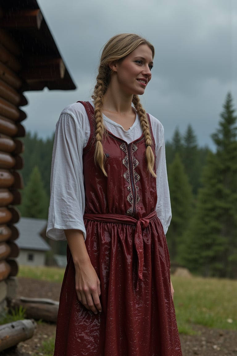 photo of a Norwegian woman wearing a wet traditional dress standing outside a log cabin in a forest on a cloudy day, rain in the forecast, plaited hair