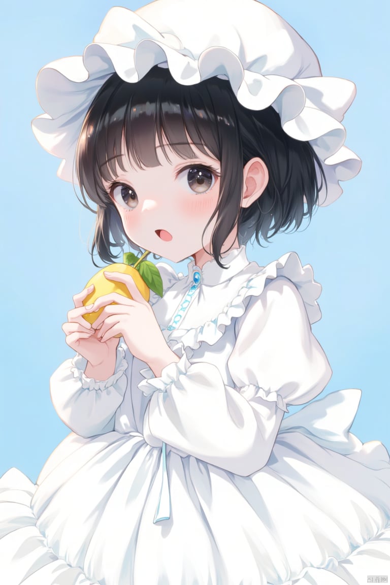 1girl, solo, looking at viewer, open mouth, simple background, black hair, long sleeves, hat, dress, holding, food, white dress, black eyes, fruit, blue background, holding food, child, female child