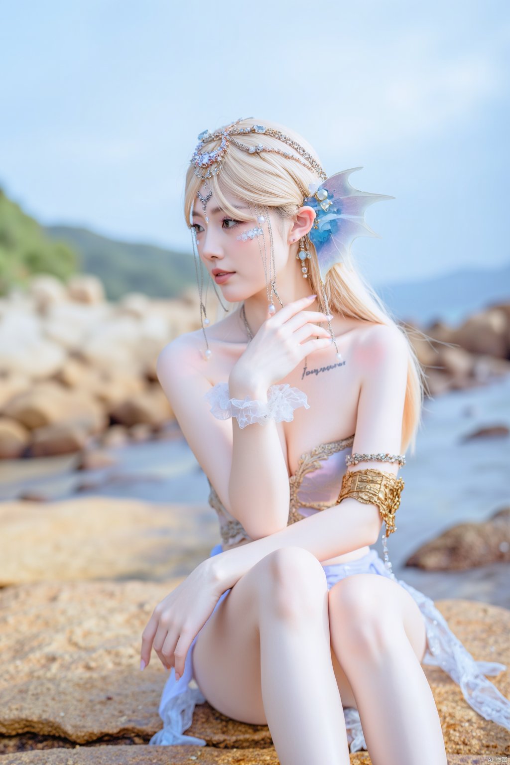 a woman with long blonde hair
wearing a white strapless dress
adorned with beads and bracelets
is seated on a rock. She is adorned with a headband adorned with pearls and a star-shaped crown. Her eyes are adorned with white pearls
adding a touch of sparkle to her face. The backdrop is blurred
suggesting a natural setting. The sky is a muted blue
with a few wispy clouds
adding depth to the scene.
