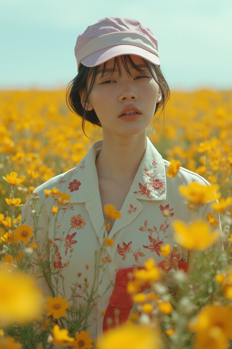 fashion_shot of korean woman in flower field, professional photo