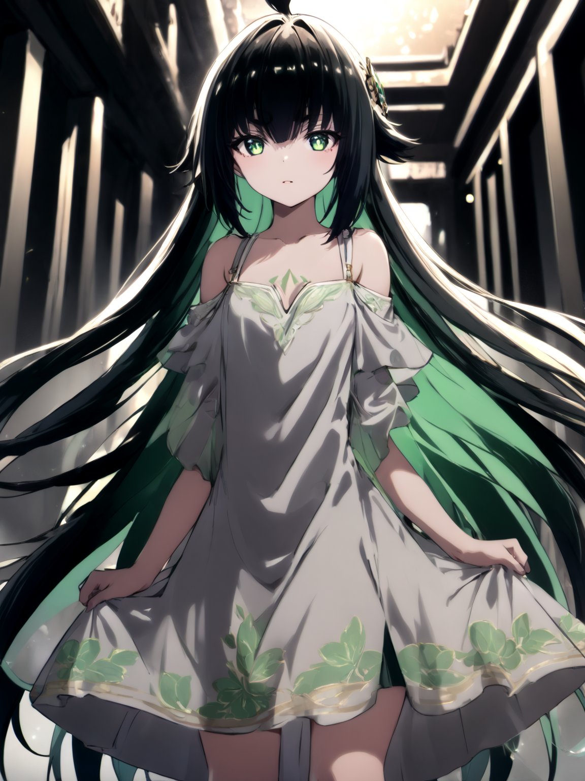 best quality, 8k, 8k UHD, ultra-high resolution, ultra-high definition, highres
,//Character, 
1girl, solo
,//Fashion, 
,//Background, 
,//Others, ,Expressiveh,
Mitama, long hair, black hair, ahoge, green eyes, dress