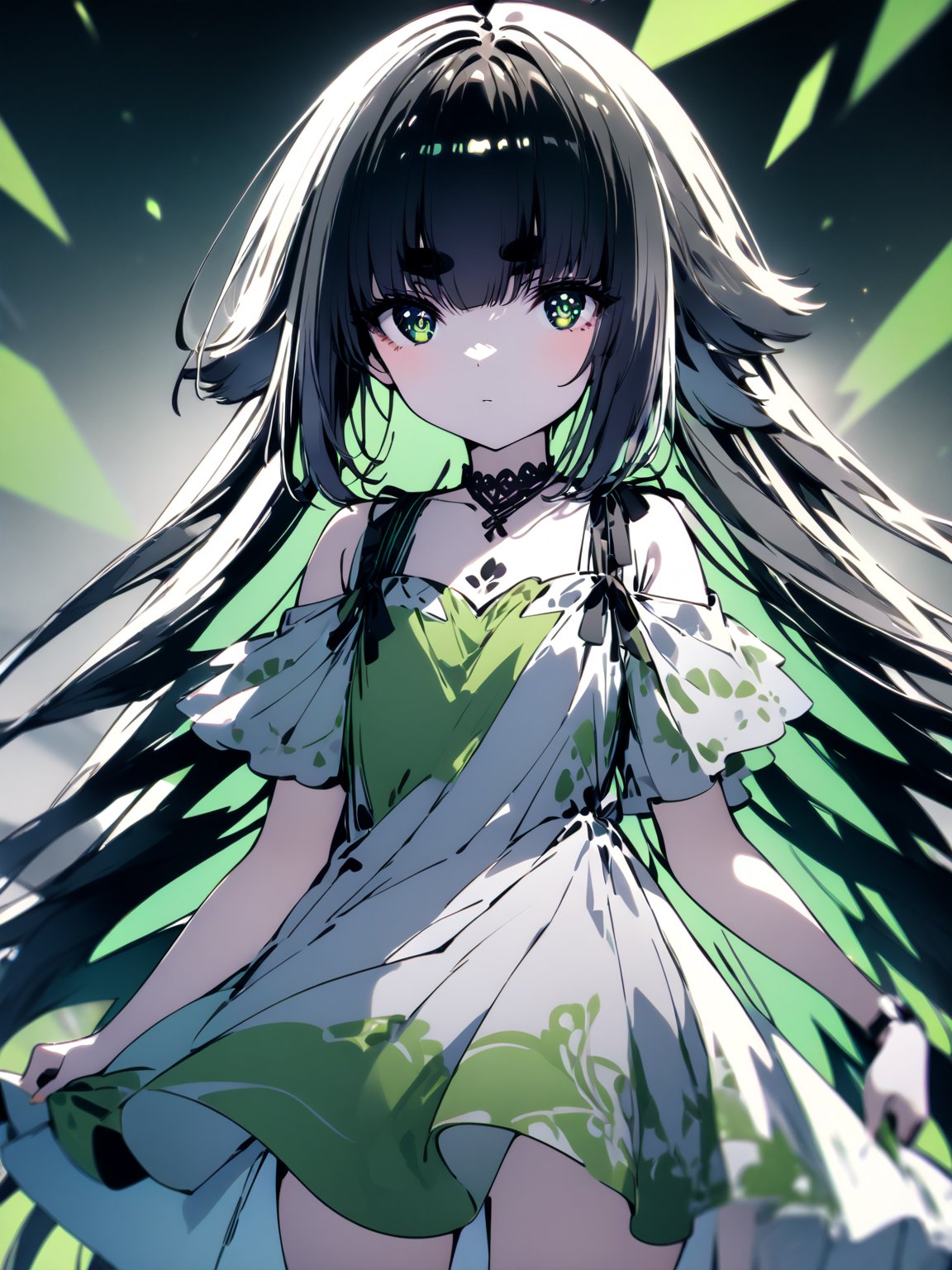 best quality, 8k, 8k UHD, ultra-high resolution, ultra-high definition, highres
,//Character, 
1girl, solo
,//Fashion, 
,//Background, 
,//Others, ,Expressiveh,
Mitama, long hair, black hair, ahoge, green eyes, dress