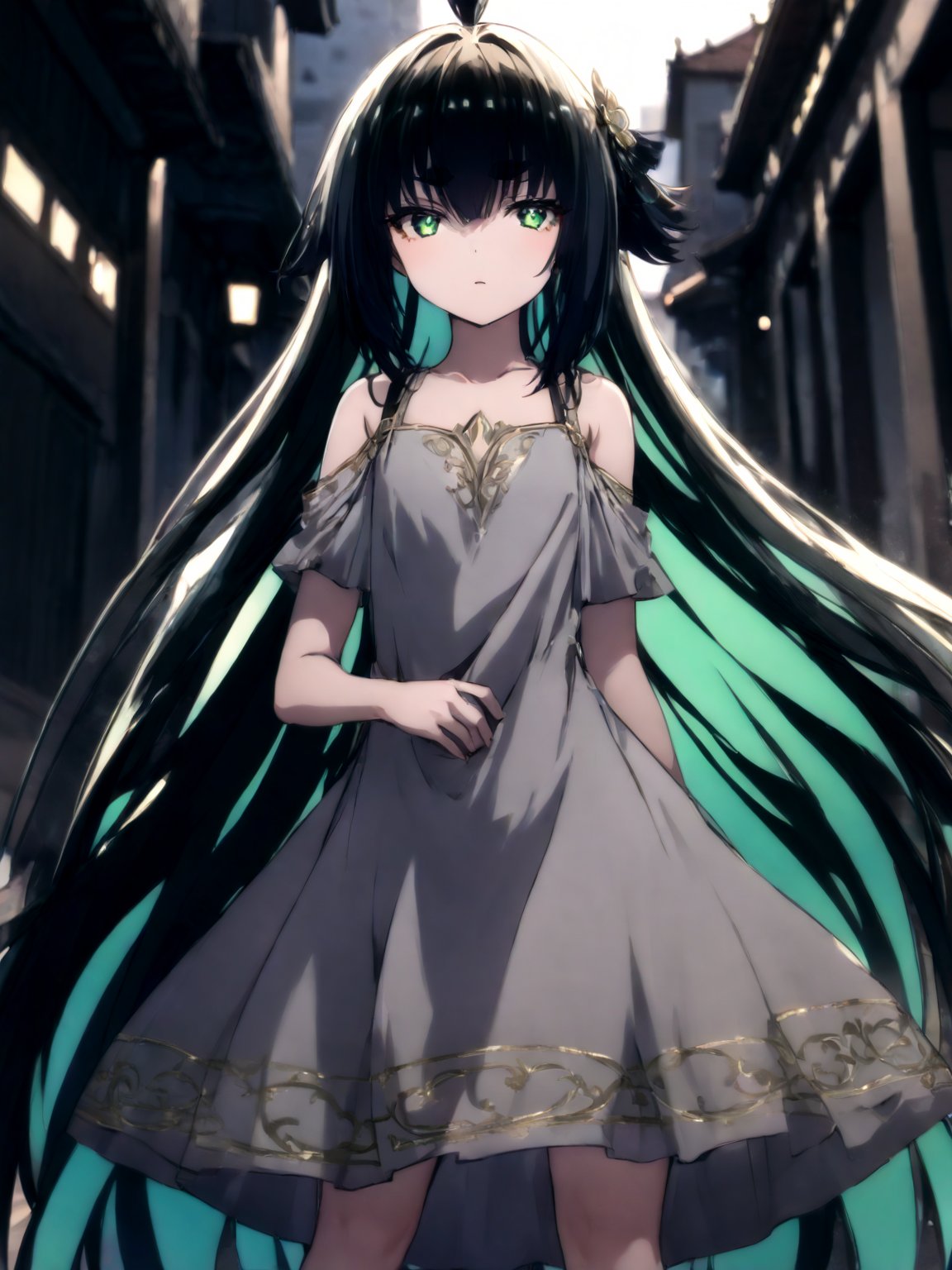 best quality, 8k, 8k UHD, ultra-high resolution, ultra-high definition, highres
,//Character, 
1girl, solo
,//Fashion, 
,//Background, 
,//Others, ,Expressiveh,
Mitama, long hair, black hair, ahoge, green eyes, dress