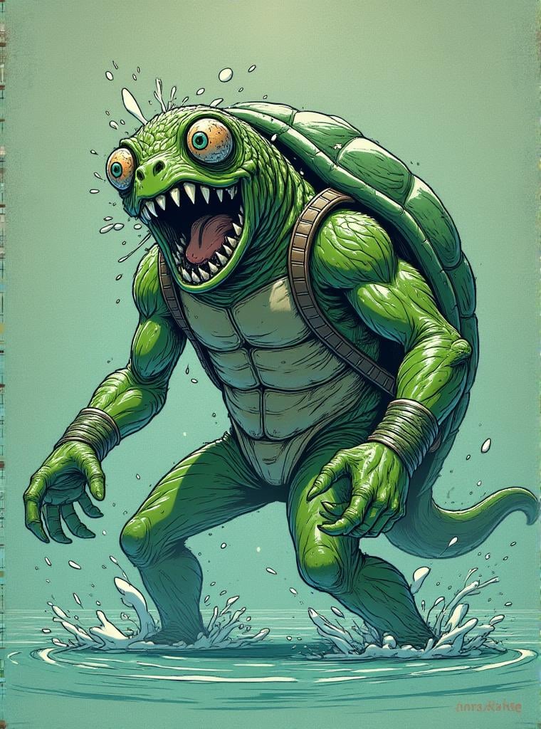 nasnas, water dwelling creature, humanoid appearance with a turtle like shell, webbed hands and feet, mouth located on head, dishl-ike depression on its head holding water, greenish scaly skin, strength, mischievous