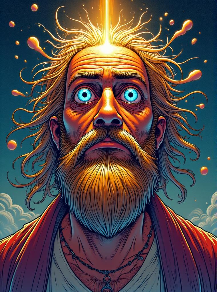 male  middle-aged broad, latin american, blue eyes,  wide nose, receding chin with cleft, overbite jaw,    cute navel,  balbo beard , golden blonde cornrows hair, embarrassment,  examining star charts and astrological signs, seeking celestial guidance,    high priest, water magic , synchronizing breath and energy flow, harmonizing with the universe, enchanted moonlight, radiant aura, a warm kitchen, with the scent of home-cooked meals and laughter of loved ones