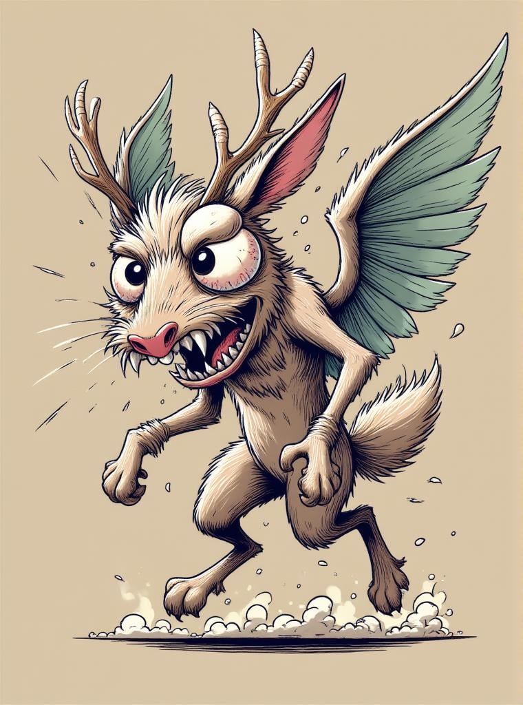 wolpertinger, mythical mammalian creature, hybrid creature, wings, antlers, fangs, feathers, rabbit ears, small furry body,  humorous, imaginative, curiosity, whimsical, fictional