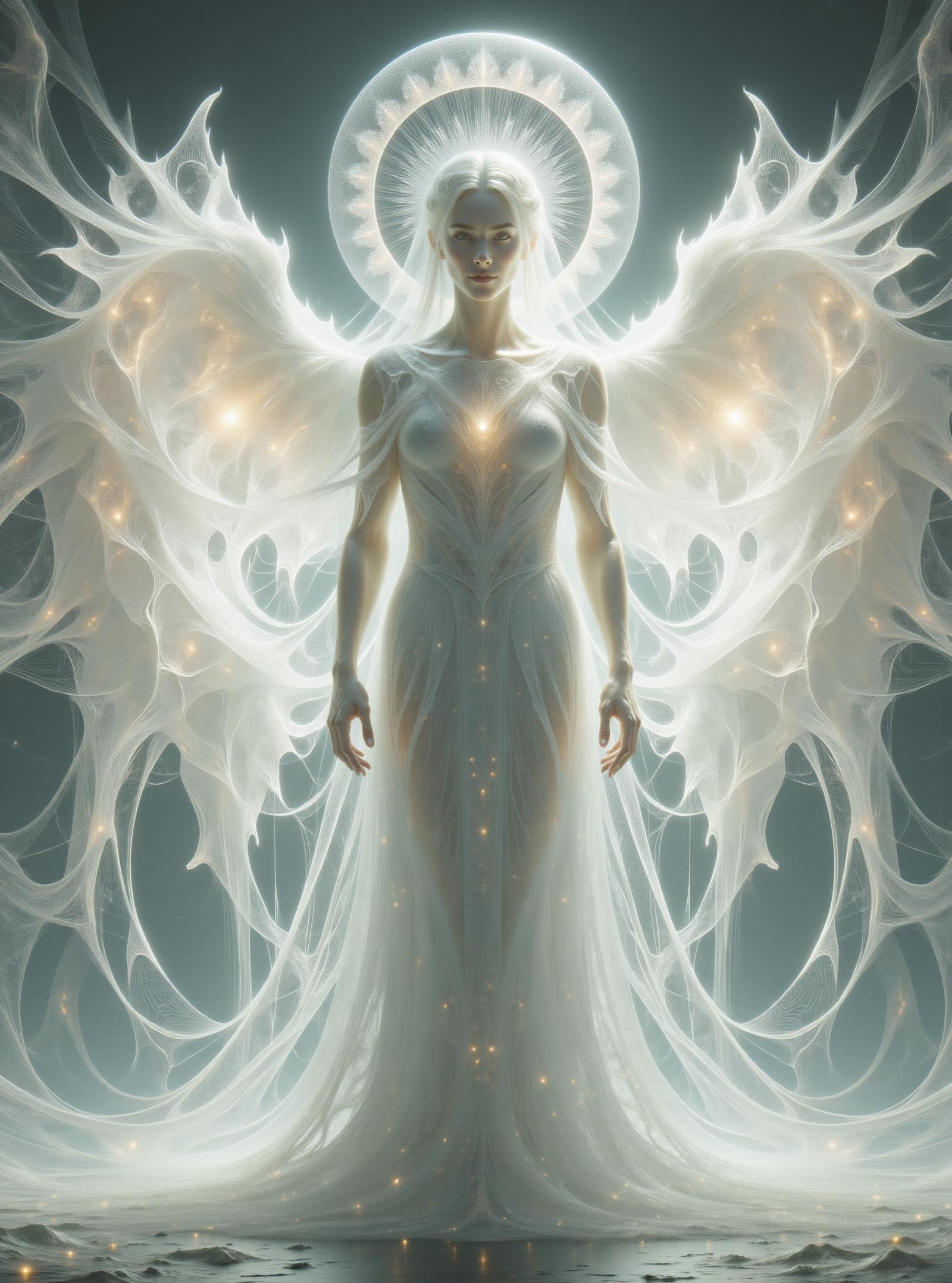 ignis fatuus, humanoid celestial being, radiant luminous appearance, feathered wings, noble serene expression, long flowing robes, white bright colors, halo, radiant aura above the head