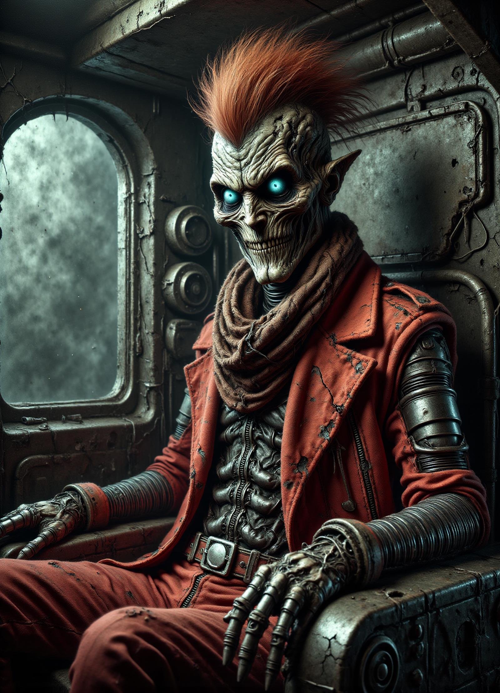 male terraformer,  retirement age shapely, east asian, turquoise eyes, torn ears, long nose, unusual chin,  round cheeks, angular forehead, round face shape, sculpted quadriceps,   , ginger faux hawk hair, cry, sitting in a cockpit with hands on controls, focused on the mission.,  wearing red thermal-regulating trousers,  robotic trench coat,  nano-linked flat cap,  electromagnetic visor    thermal-regulating scarf , striking a charismatic pose while entertaining with music or storytelling., laser beams, cybernetic augmentations enhancing human abilities, biometric lighting, alien planet exploration, mysterious ancient alien ruins and artifacts