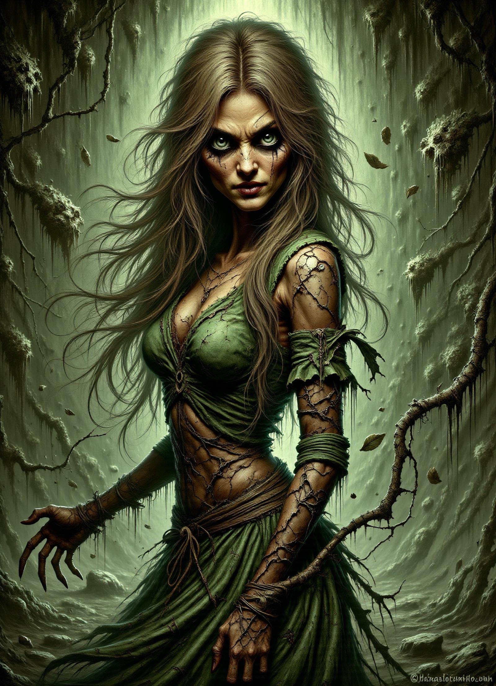 female ranger  nature magic vibrant swirling aura, deep greens and browns, occasional flash of floral colors, rich earthy scent, soft rustling of leaves, gentle murmur of a distant stream, magic feels alive, tendril of energy are tiny roots and vines,  reaching out to connect and nurture life around it