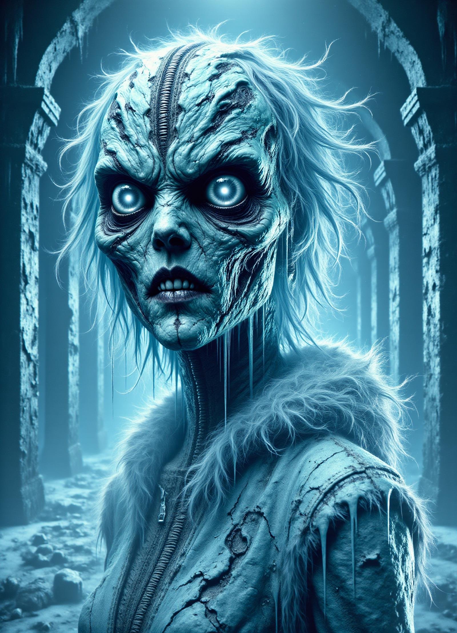 female technomancer, control over quantum particles and reality, solarwave  ice magic crystalline ice suspended in mid-air, exuding a bone-chilling cold,  surface reflective, frosty blue light, icicles floating around