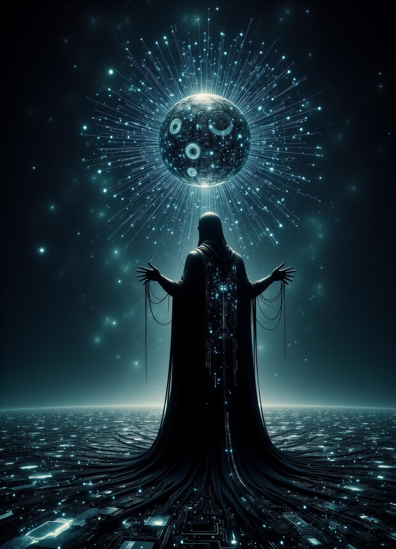 tech, scifi, solarpunk,  male priest, purification spells   pulsating, abyss-like orb, core a mesmerizing void, drawing in all essence, the fabric of reality appears to warp and bend, creating a sensation of looking into an endless, starless night