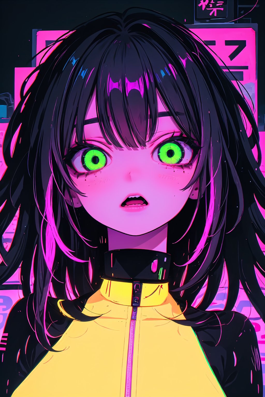 A close-up shot of a girl with vibrant neon green eyes and long, flowing hair standing in front of a dystopian cityscape at dusk. Her bright yellow outfit glows against the dark backdrop as she contorts her face into a manic, yet captivating, expression. Neon lights reflected in her eyes cast an otherworldly glow.