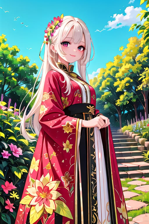 A stunning young woman with platinum blonde hair and a radiant smile poses amidst the lush surroundings of a vibrant botanical garden on a sun-kissed day. She wears a breathtaking Ukrainian national dress, adorned with intricate embroidery in shades of black, red, and green. The warm sunlight casts a gentle glow on her face and clothes, highlighting the ornate details of her attire as she stands amidst a tapestry of colorful flowers and lush greenery.