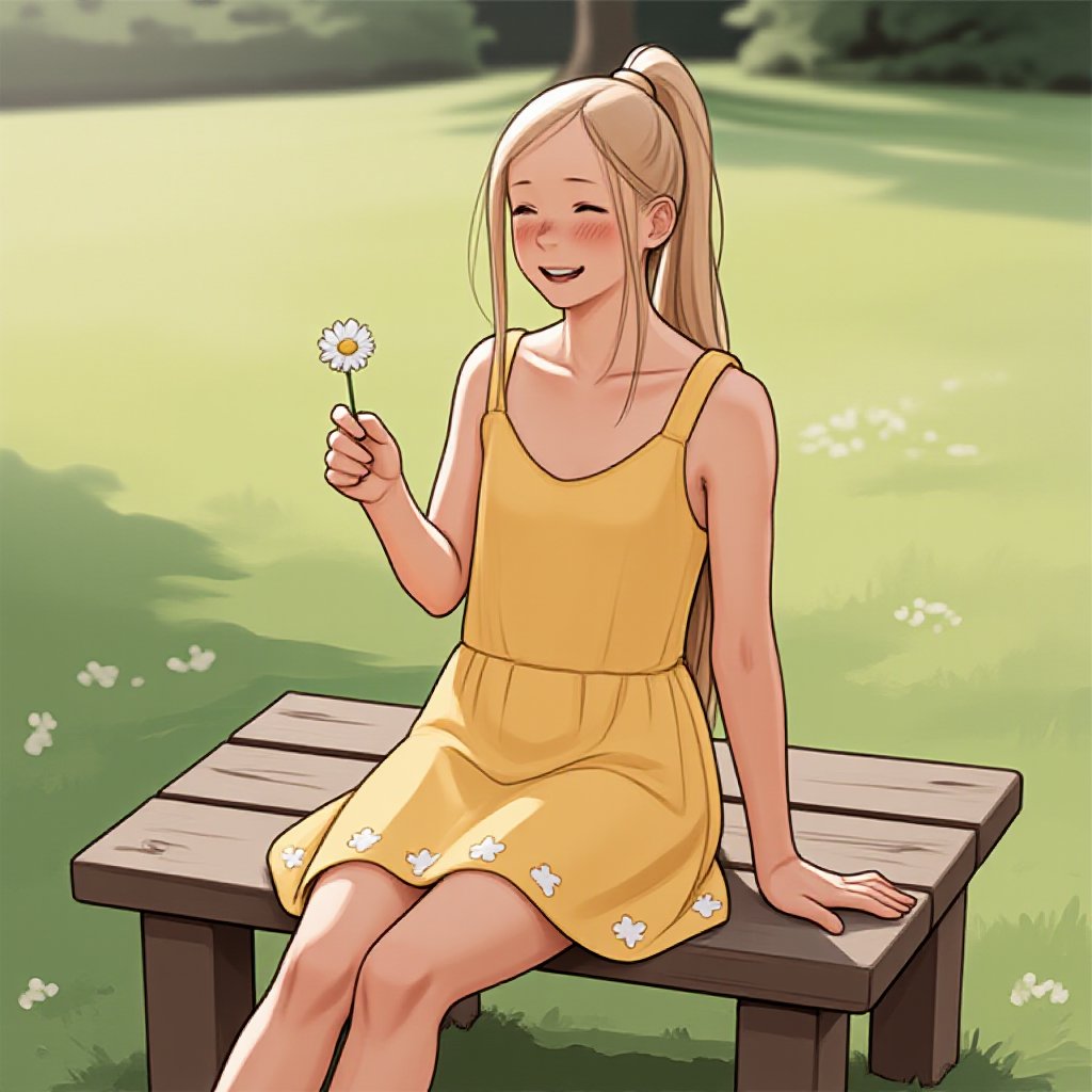 luimi,A young woman sitting on a worn wooden bench in a lush green meadow, her blonde hair tied back in a ponytail, wearing a bright yellow sundress with white flowers embroidered along the hem, gazing down at a small, delicate daisy in her hand, sunlight casting a warm glow on her smiling face.