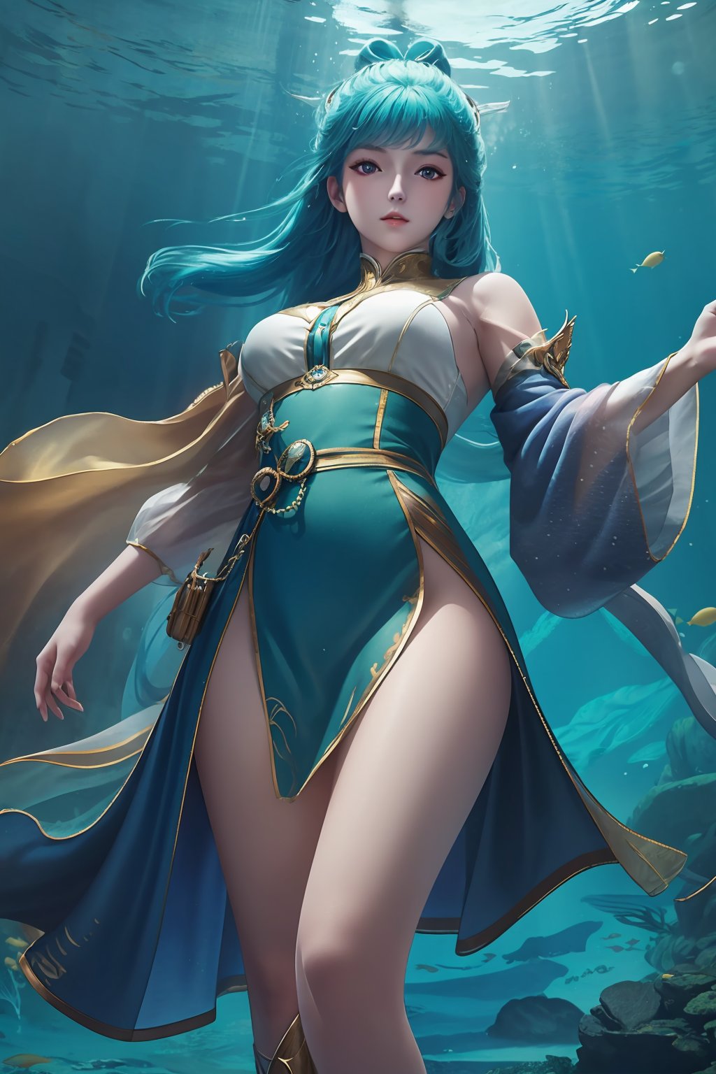 masterpiece,best quality,official art,extremely detailed CG unity 8k wallpaper,
  looking at viewer,
looking at viewer,underwater,
,1girl,stand,
stand,stand,
Above the waist,Thigh exposed,
blue hair,dynamic pose, dynamic angle,



looking at viewer,
