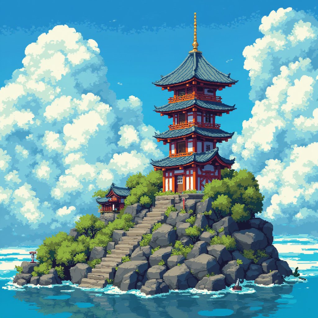 amazing_pixel,pixel art,ancient japanese architectures, Wonderful,Beautiful landscapes,no humans,fantastic images,detailed,scenery,tower,Kyoto Animation screencap,vibrant color,
