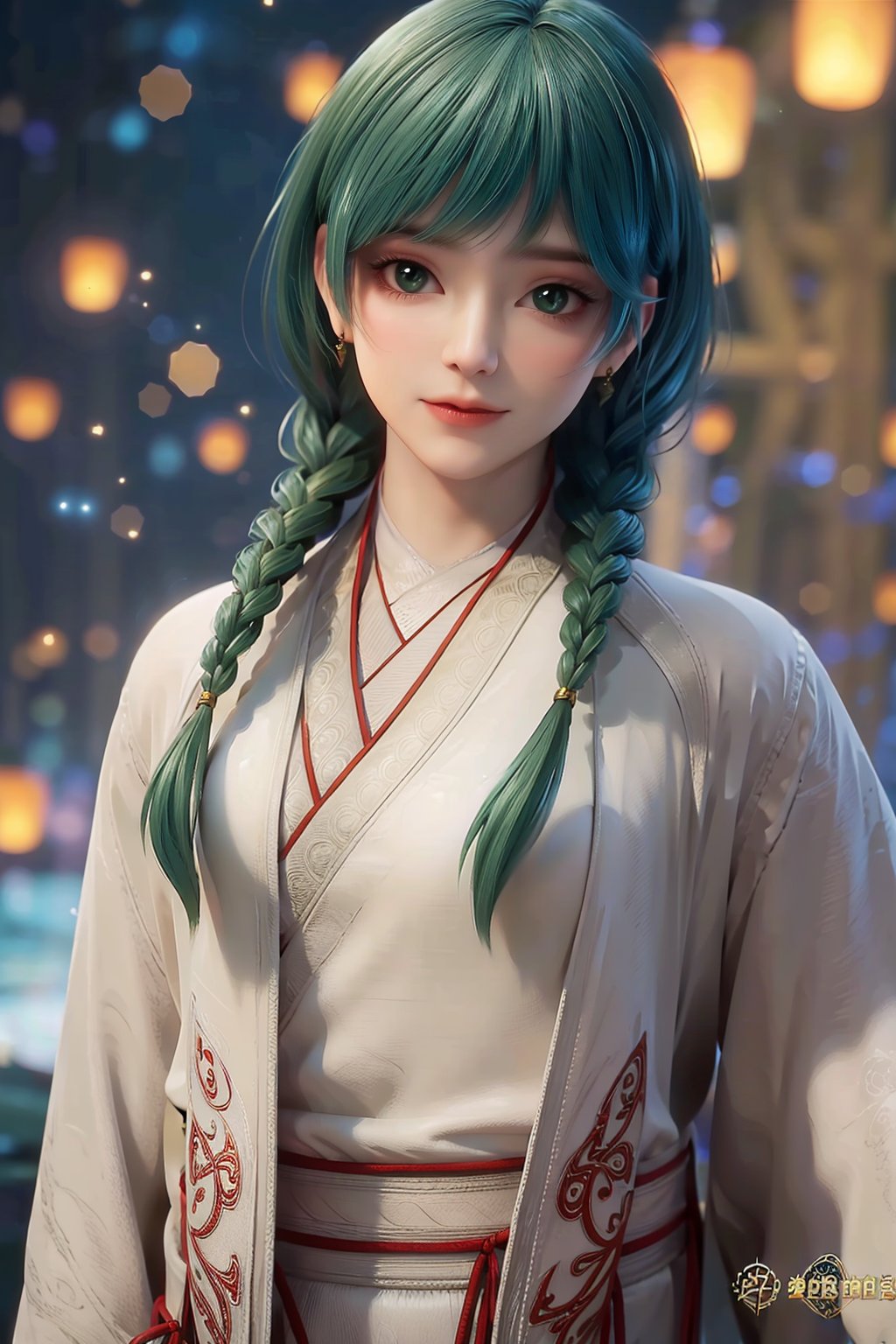 A young woman with vibrant green hair and matching green eyes stands solo, her long locks flowing down her back in a silky braid. She wears traditional Japanese attire adorned with intricate jewelry, the long sleeves framing her slender arms. Her gaze meets the viewer's directly, a warm smile spreading across her red-lipped face as she showcases her twin braids. The blurred background adds a sense of mystery, while the watermark subtly overlays the image.