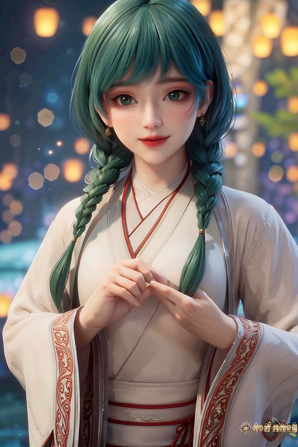 1girl, solo, long hair, looking at viewer, smile, long sleeves, jewelry, green eyes, standing, braid, earrings, japanese clothes, green hair, wide sleeves, blurry, twin braids, blurry background, watermark, red lips